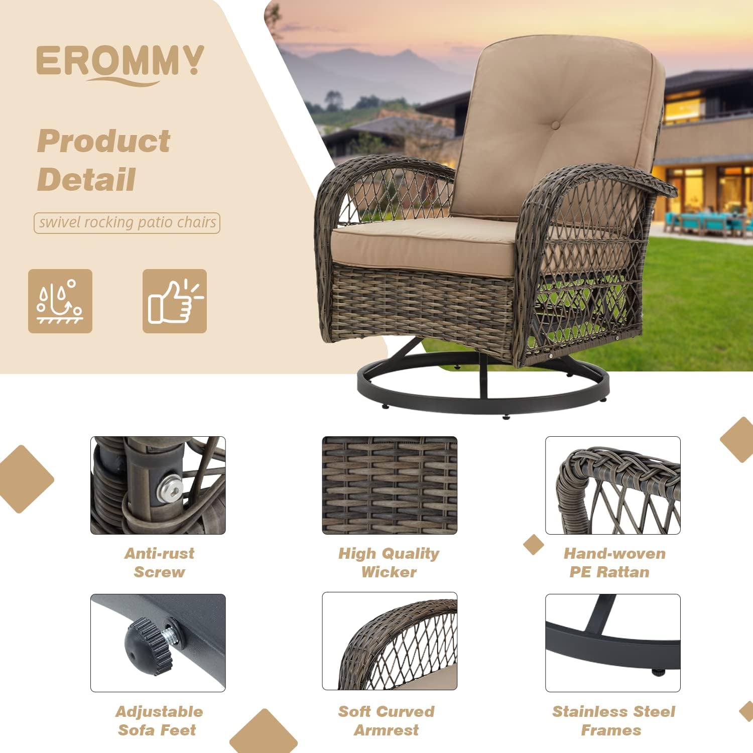 EROMMY 5 Pieces Outdoor Swivel Rocker Patio Chairs, 360 Degree Rocking Patio Conversation Set with Thickened Cushions, Glass Coffee Table and Ottomans for Backyard, Khaki
