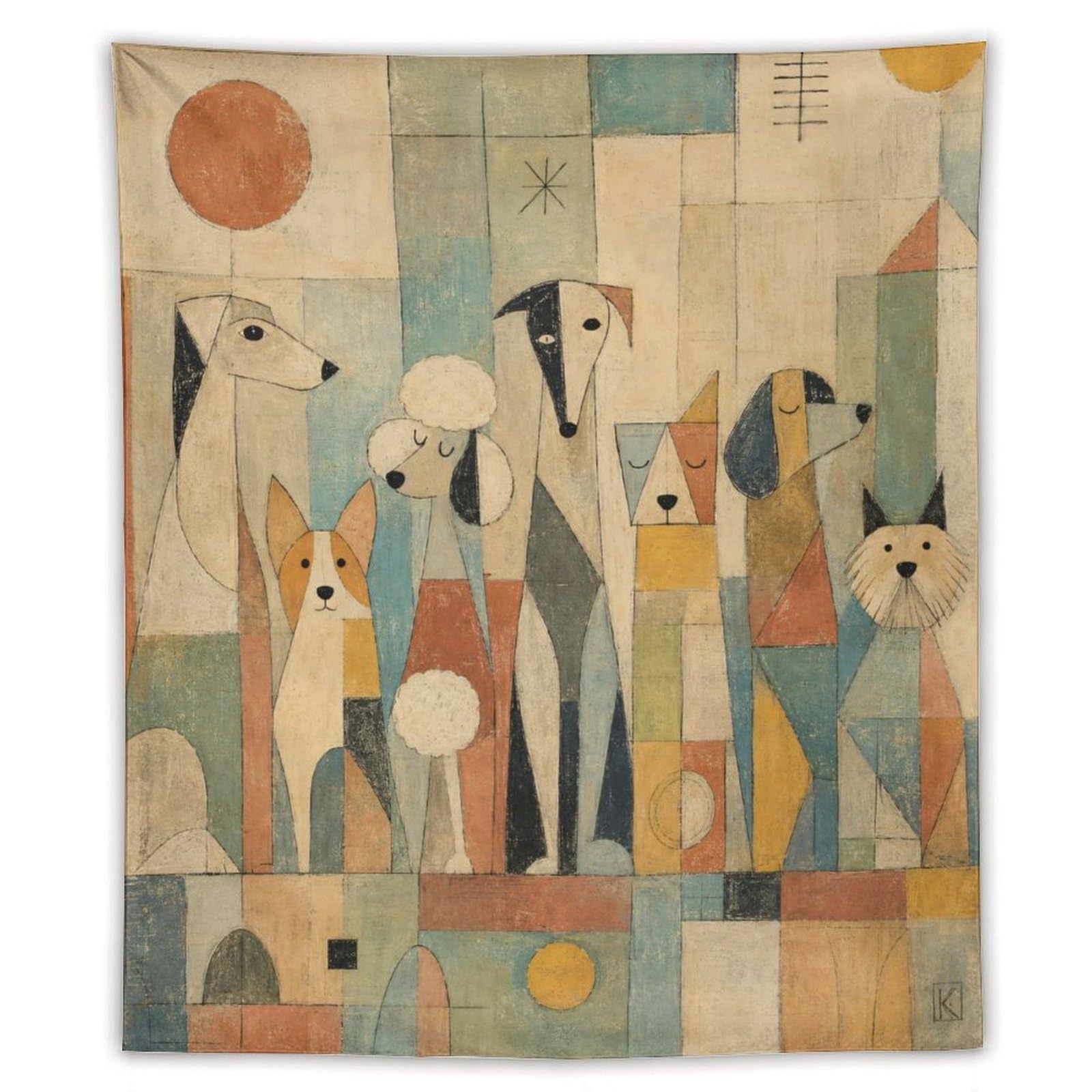 H3B8U2Y5 Dog Group Geometry Wall Tapestry, Geometric Art Style, Dorm Room