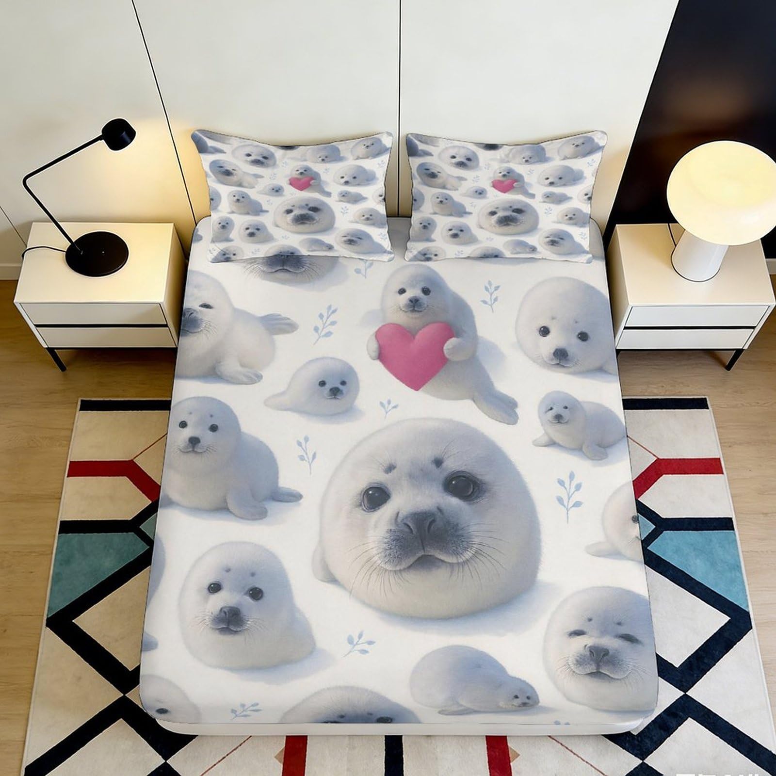 Decorative white seal print 3D Printed Fitted Sheet for main bedroom, Microfiber soft touch, apartment bedding, wrinkle resistant, easy care, dustproof 90x200x25cm