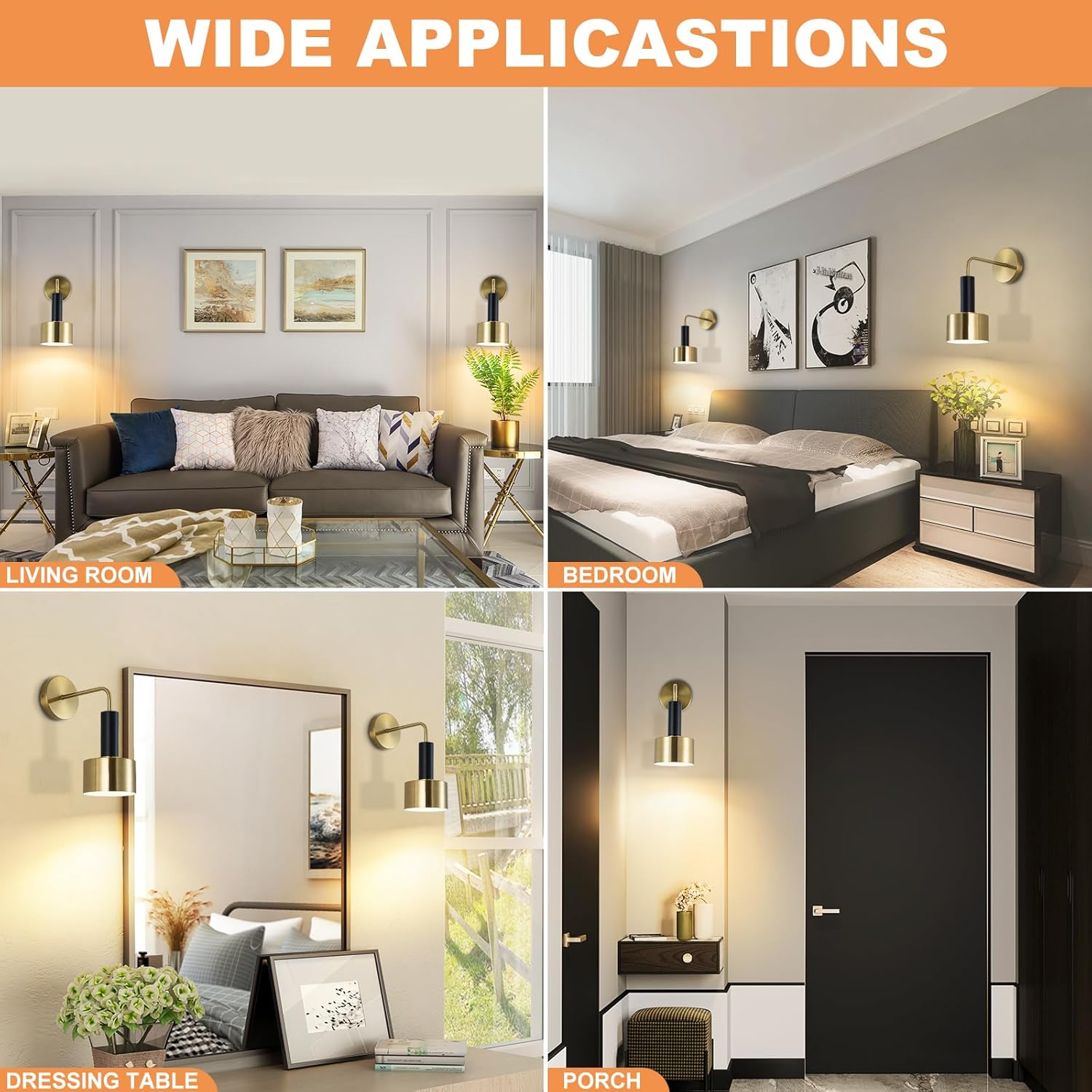 Battery Operated Wall Sconces Set of 2,Gold Wireless Sconce Wall Lighting with Remote Control Indoor,E26 Base Modern Led Wall Lamp Fixtures for Bedroom Living Room Hallway Corridor Porc