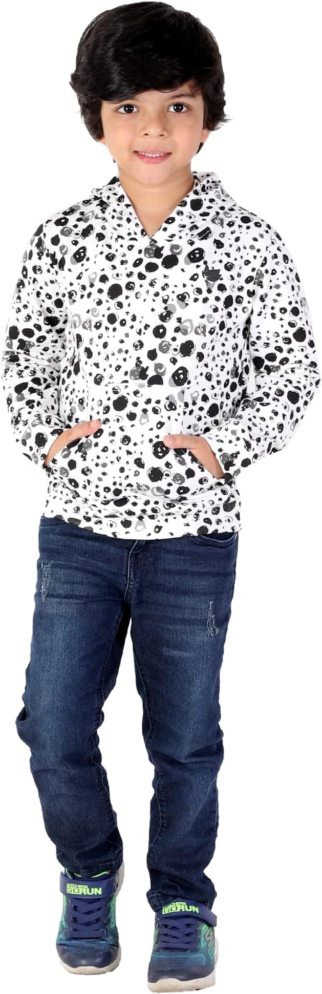 HOPzBaby Boys Cottonblend Hooded Neck Printed Full Sleeve Sweatshirt Black & White Color