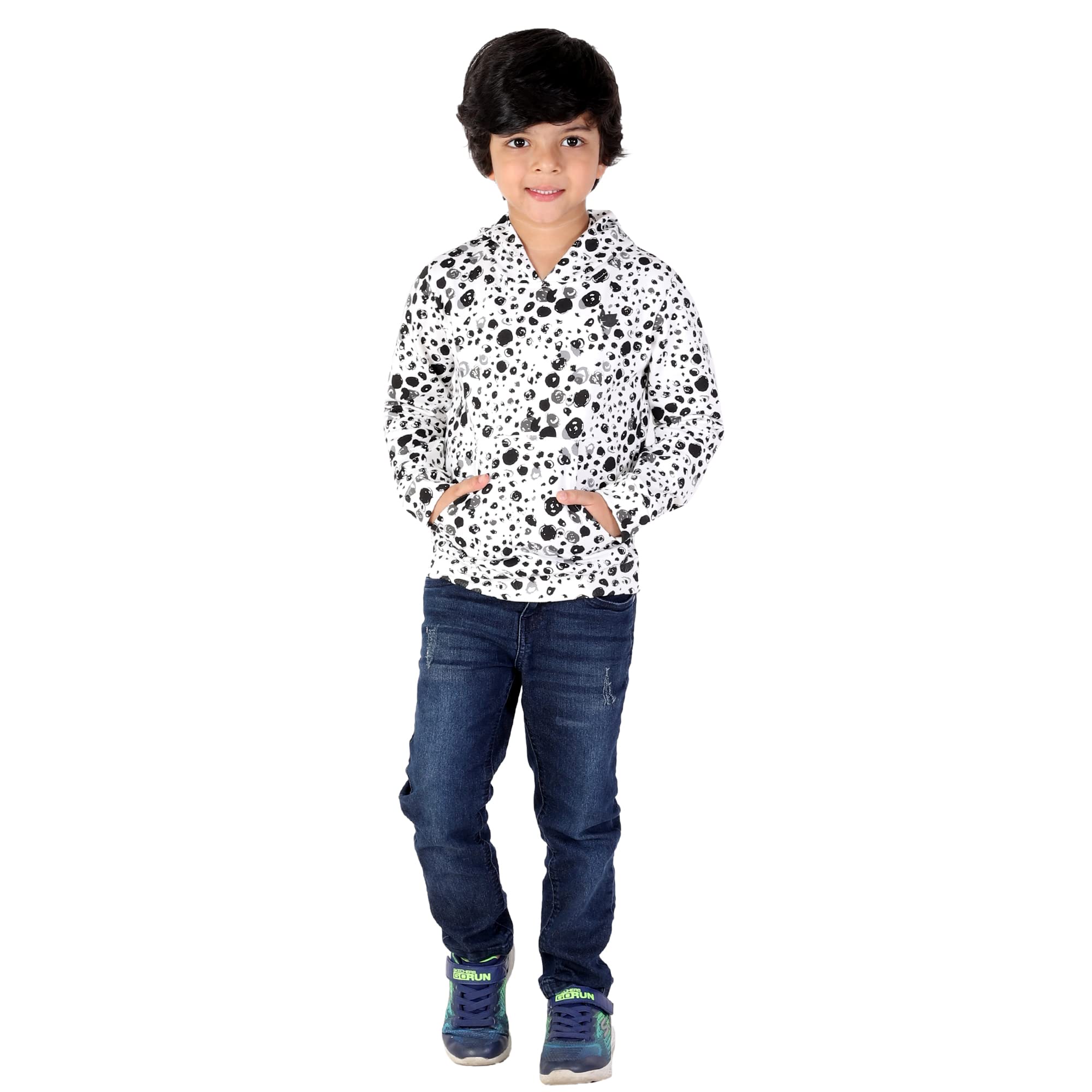 HOPzBaby Boys Cottonblend Hooded Neck Printed Full Sleeve Sweatshirt Black & White Color