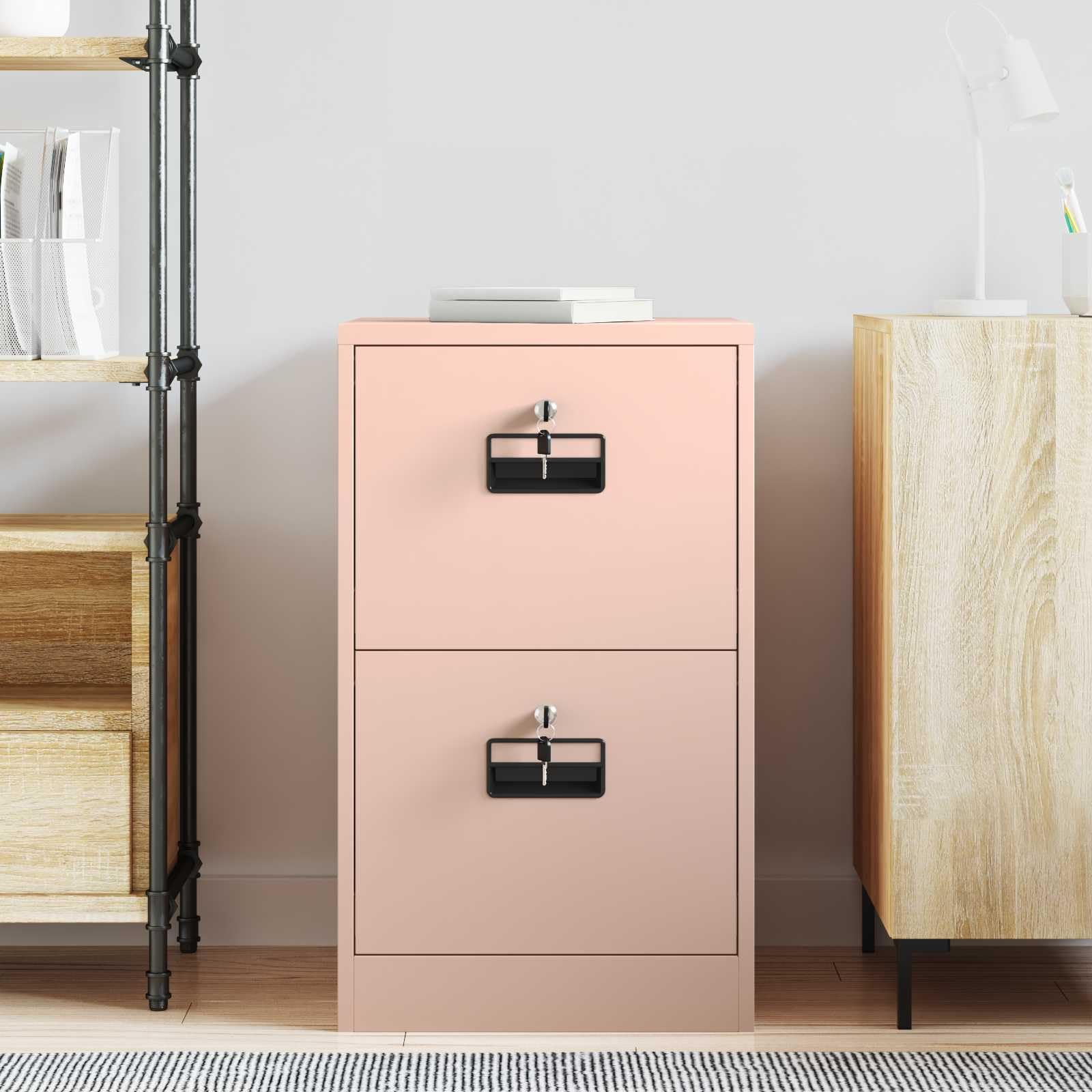 Aktenschrank Rosa 44 x 50 x 74,5 cm Kaltgewalzter Stahl, mit 2 Schubladen, Nockenschlösser, Ausziehregale, rostfrei, korrosionsbeständig, Büro Stauraum, multifunktional, Metall