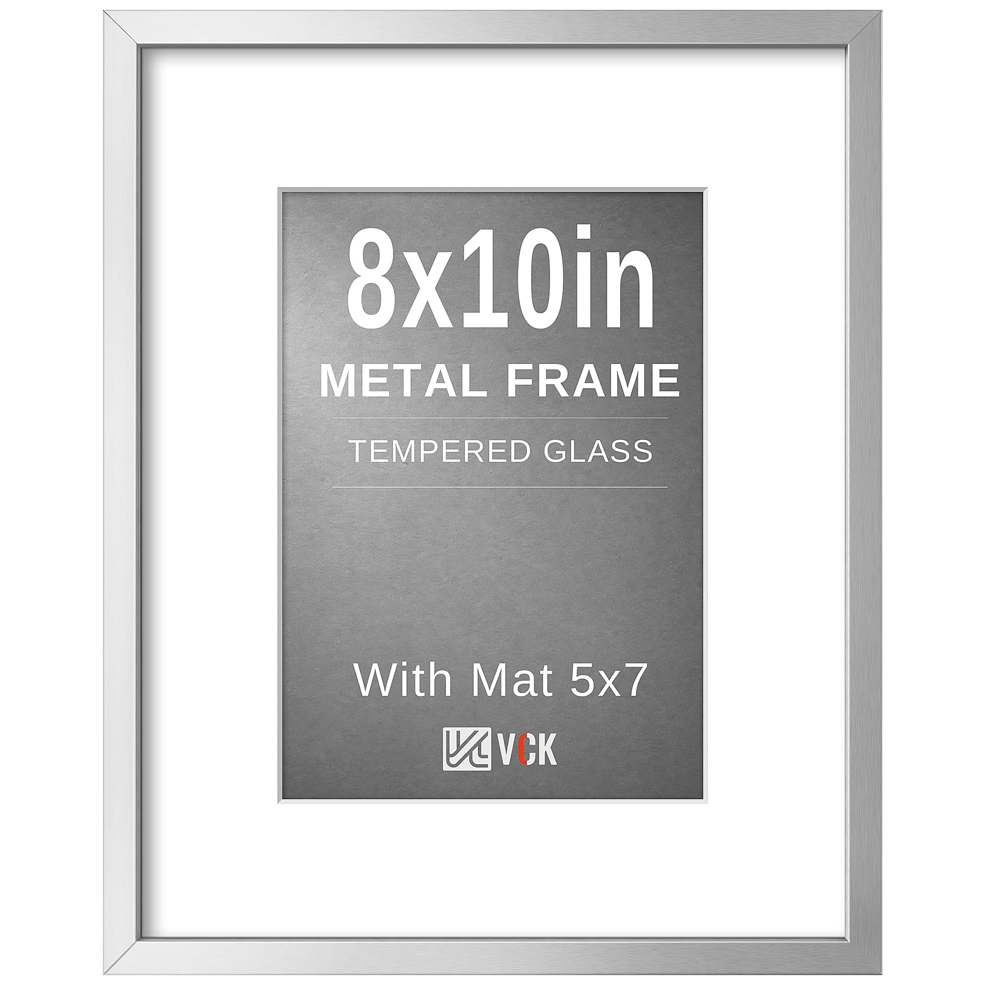 VCK 8x10 Picture Frame Silver Metal, Real Glass, 5x7 Mat, for Artwork