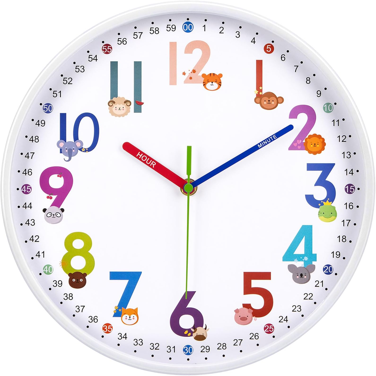 Warminn Kids Wall Clock 12 inch Teaching Clock Telling Time Silent Analogue Large Clocks for Bedroom Kitchen Living Learn to Tell Time Easily Battery Operated Garden Colorful Children's Room Clocks
