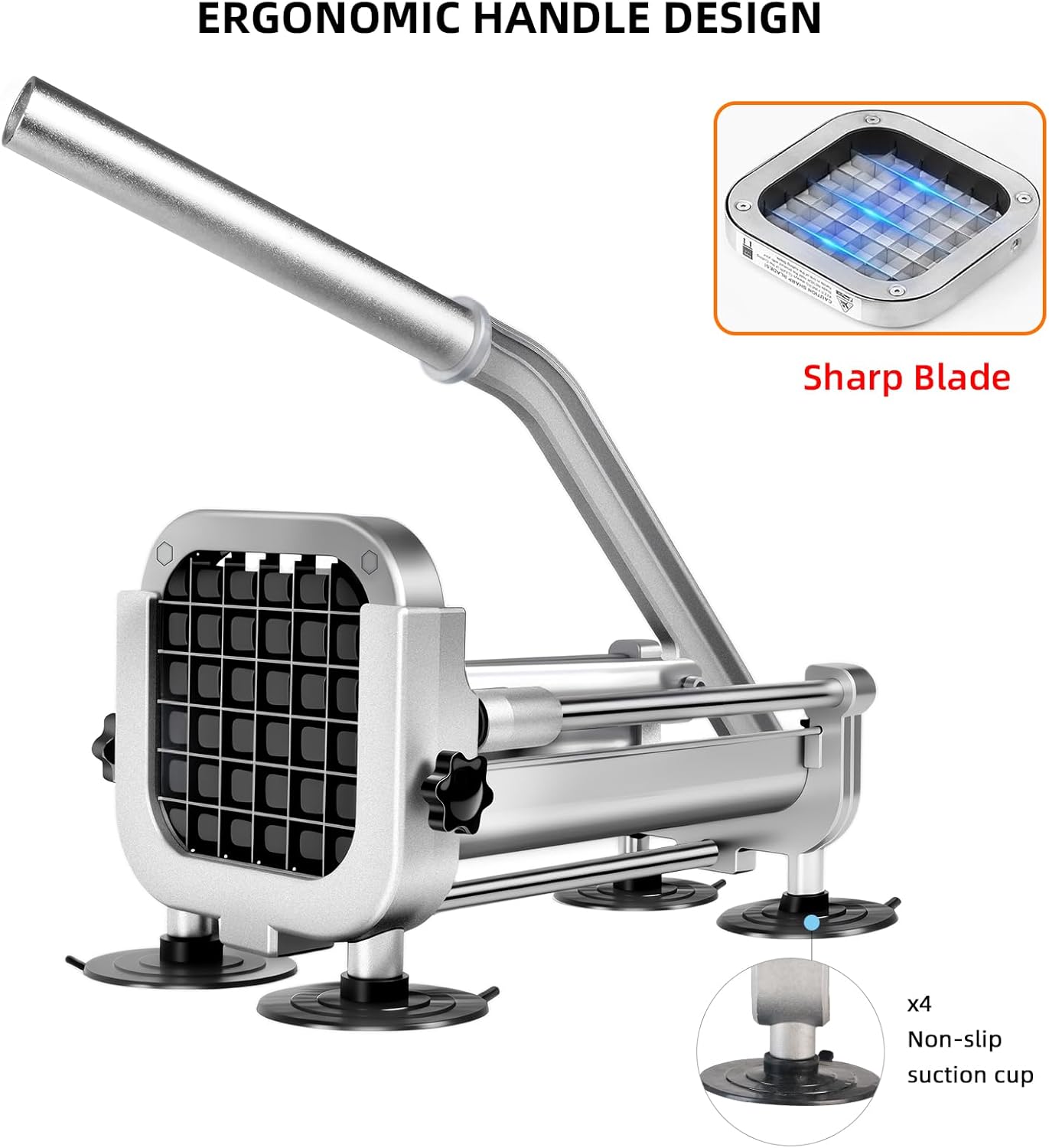 French Fry Cutter, ZSCOOKLY Heavy Duty Potato Cutter Stainless Steel with 1/2-Inch and 3/8-Inch Blade Great for Potatoes Carrots Cucumbers.