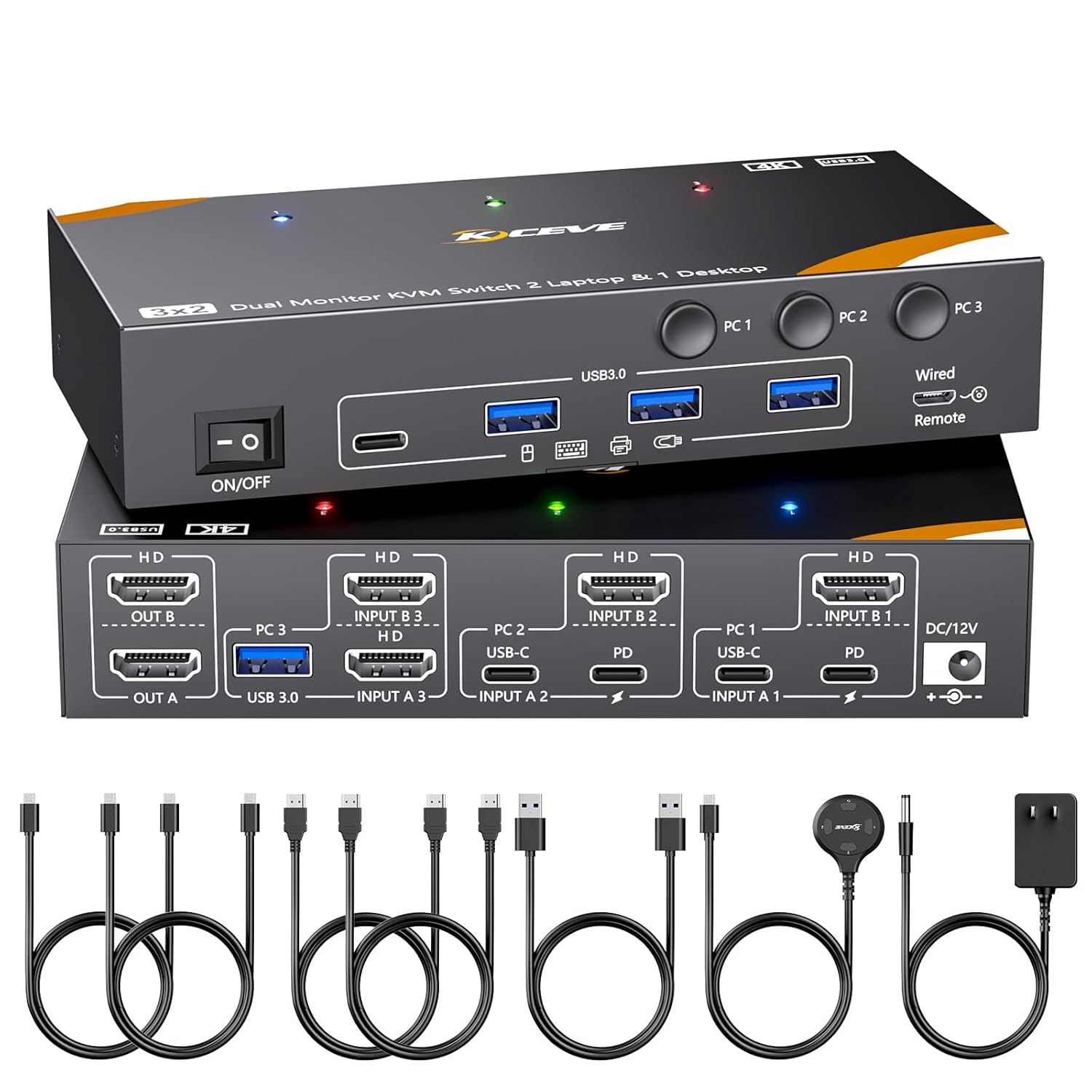 KCEVE KVM Switch 2 Monitors 3 Computers USB C, USB 3.0 KVM Switch Dual Monitor HDMI for 2 Laptops 1 Desktop Share 4 USB 3.0 Device Keyboard, Mouse, 85W PD, 4K@60Hz, Power Adapter and Wired Remote KVM 3 Computer 2 Monitor Multicolored
