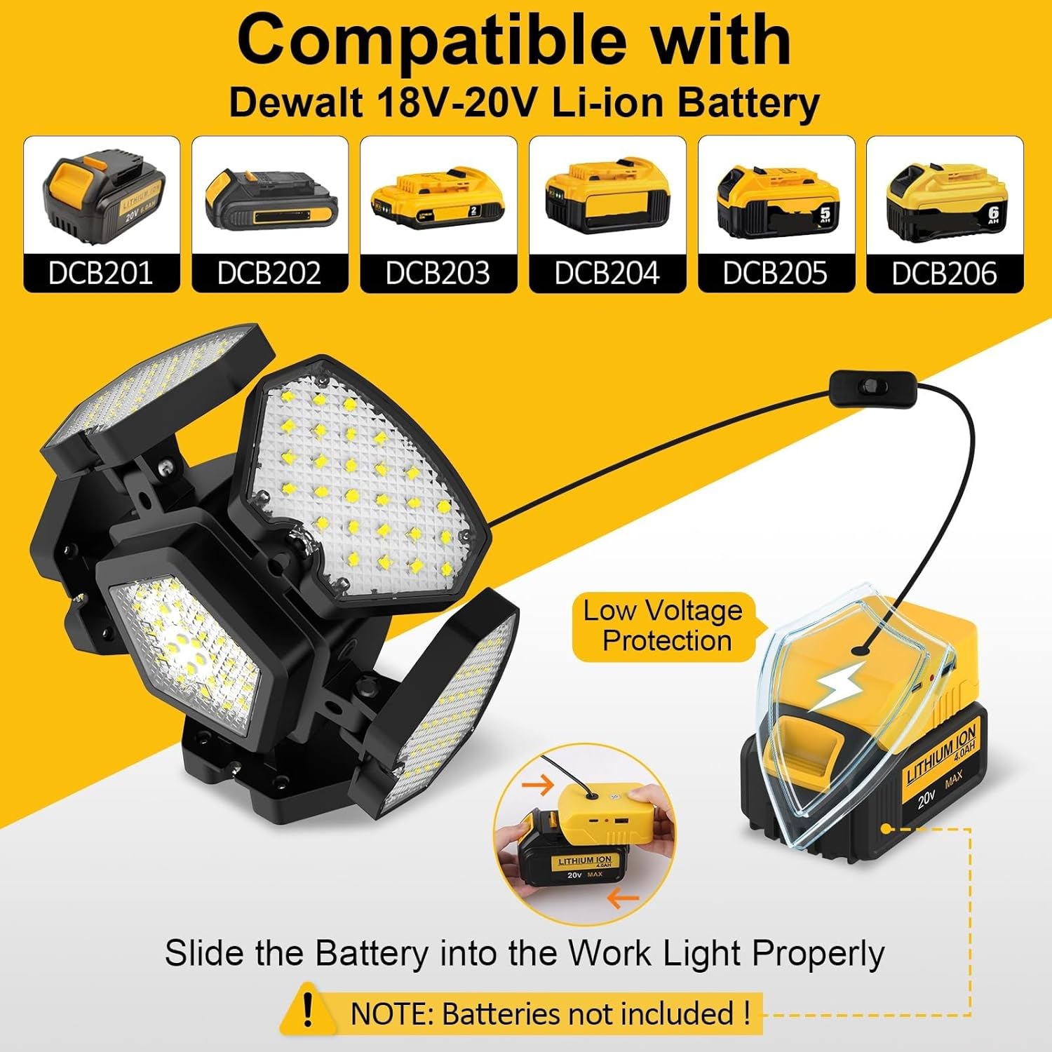 T-SUNiceM 65W 6500LM Cordless LED Work Light Compatible with Dewalt 20V Max Battery, 5+1 Adjustable Panel Flood Light with USB & Type-C Charging, Garage Ceiling Light for Car Repair, Jobsite, Camping