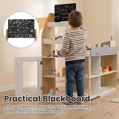 Miniatura 7 de Costzon Juego de simulación para tienda de comestibles, tienda de juegos de madera, juego de supermercado para niños pequeños con caja registradora