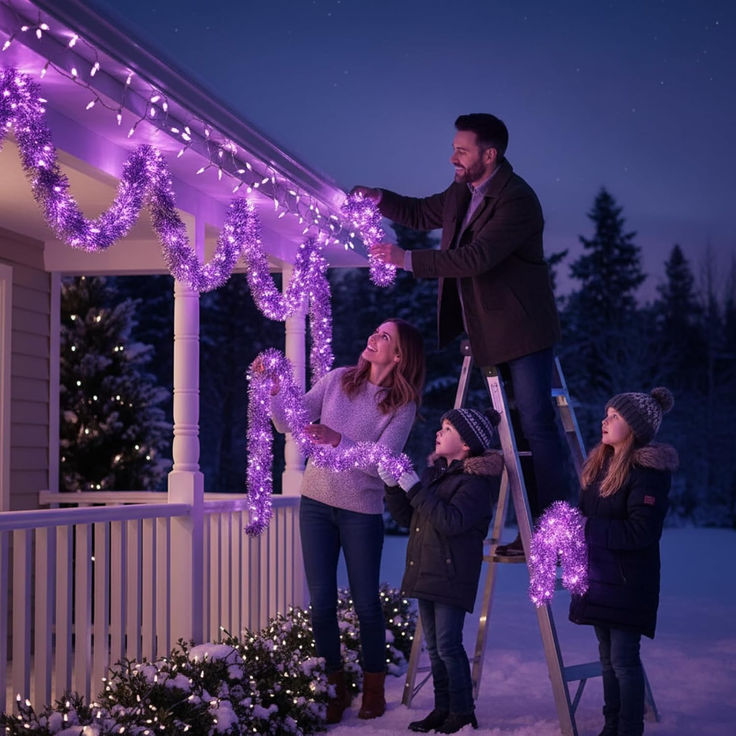 Ceenna 2 Pcs 32.8 ft Christmas Tinsel Garland with 32.8ft 100 LED Lights for Wall Mounted Hanging Xmas Tree Party Christmas Room Decor, Wedding, Birthday, Party Supplies (Purple)