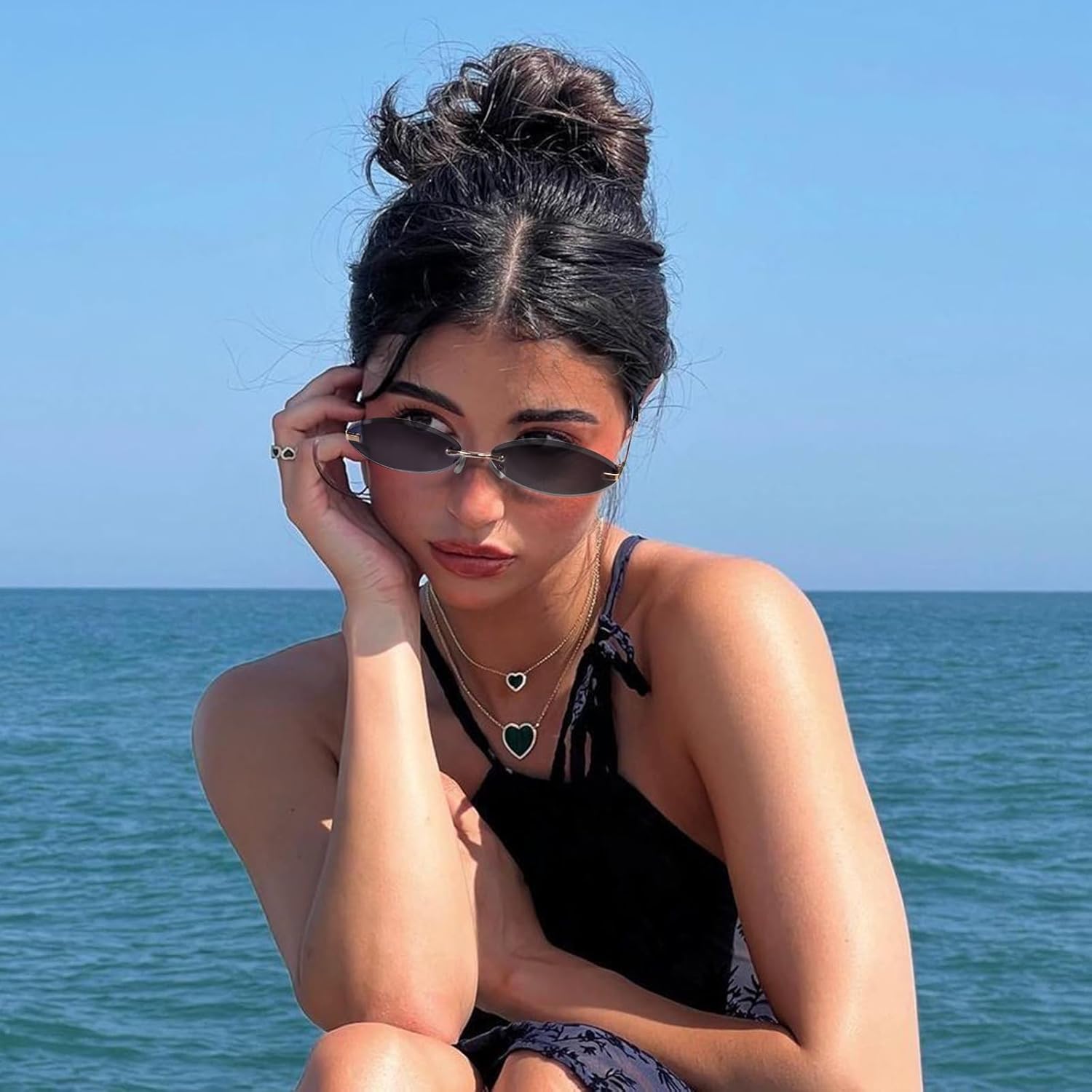 Rimless Oval Sunglasses for Women UV400 Protection Trendy Retro Metal Frame Sun Glasses Narrow Shades Y2K Sunnies - Image 4