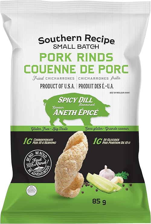 Southern Recipe Small Batch Pork Rinds Spicy Dill Chicharrones Keto Friendly, Gluten Free