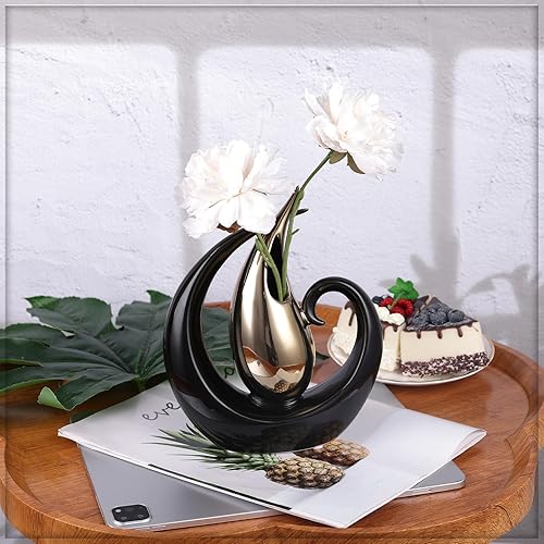 Miniatura 4 de Jarrón de cerámica  Jarrón decorativo negro y dorado para decoración del hogar, 8.6 pulgadas de alto x 6.9 pulgadas de largo x 2.75 pulgadas de ancho