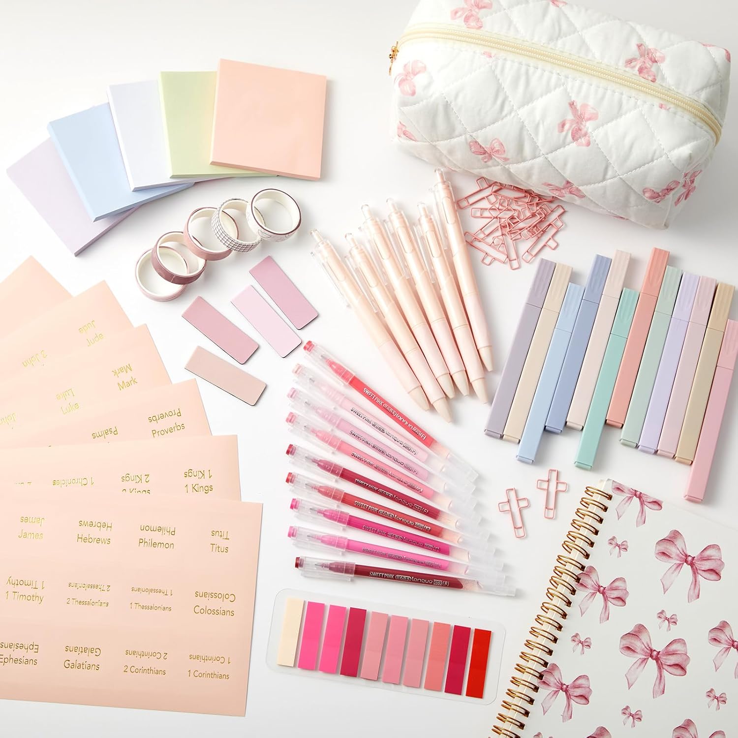 Jutom 97 Pcs Bible Study Supplies Journaling Kit, Christian Pink Bow Notebook with Bible Tabs, Colored Highlighters, Pen Case and More, Religious Gift for Women, New Believers & Christian Students
