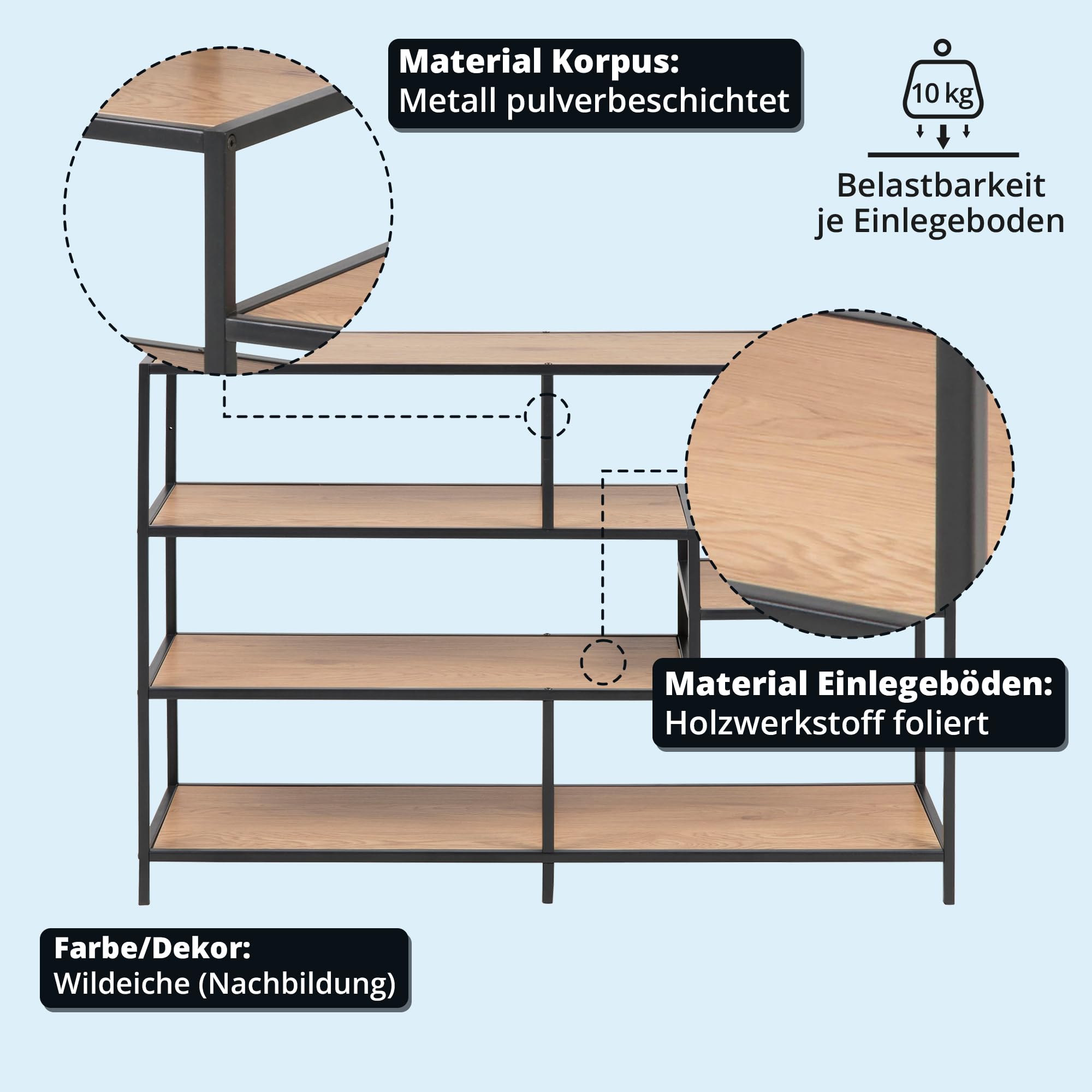 KHG asymmetrisches Regal, modernes Wandregal im Industrial Style, Standregal mit Metallgestell, Größe:114 x 78 x 35 cm, Holzwerkstoff foliert in Wildeiche, Korpus aus Metall pulverbeschichtet