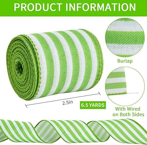 Miniatura 3 de TONIFUL Cinta con alambre de arpillera a rayas verdes y blancas de 2.5 pulgadas, cinta con alambre de primavera de verano para envolver regalos,