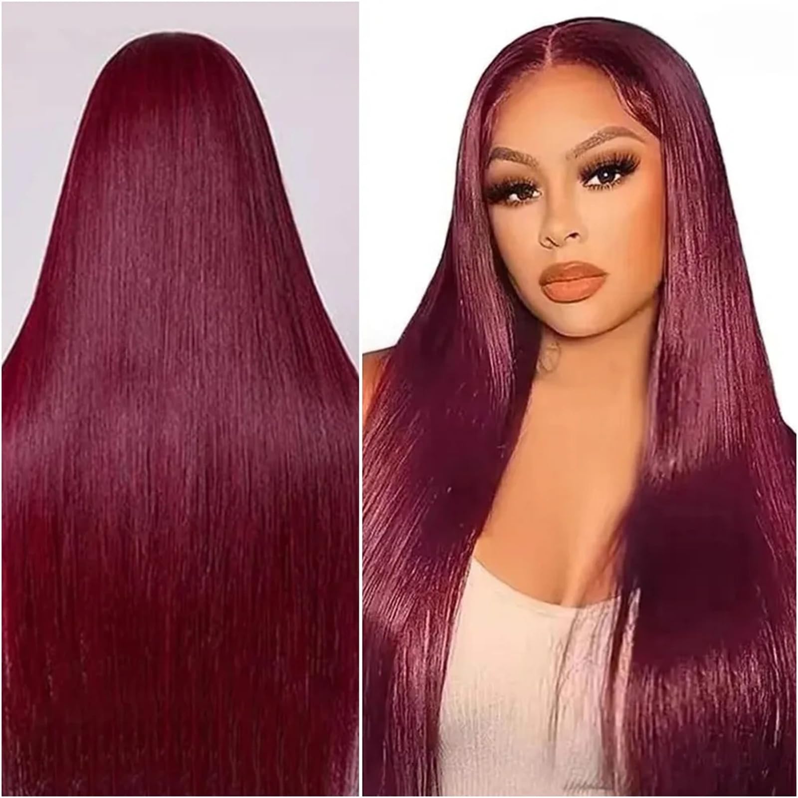 Photo 1 of Hayooha 26 Inch Burgundy Straight Lace Front Wigs Human Hair,13x4 HD Transparent Lace Frontal Wigs for Women,180% Density Glueless Pre Plucked Frontal Wigs,Wine Red Straight Wig Daily Party Use
