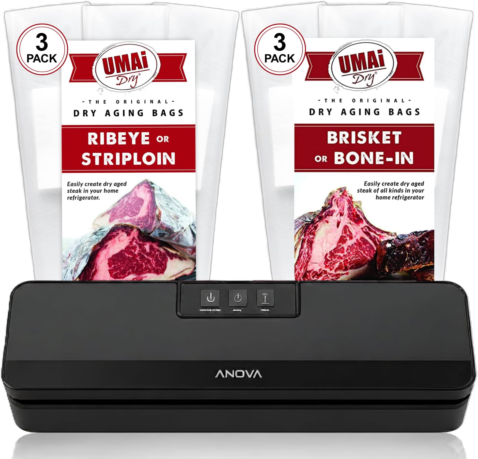 Artisan Steak Starter Kit – Precision 120V Vacuum Sealer, Pack of 3 Ribeye/Striploin and Pack of 3 Brisket/Bone-in Sampler Dry Age Bags for Meat – Home Dry Aging Kit for Steak Lovers