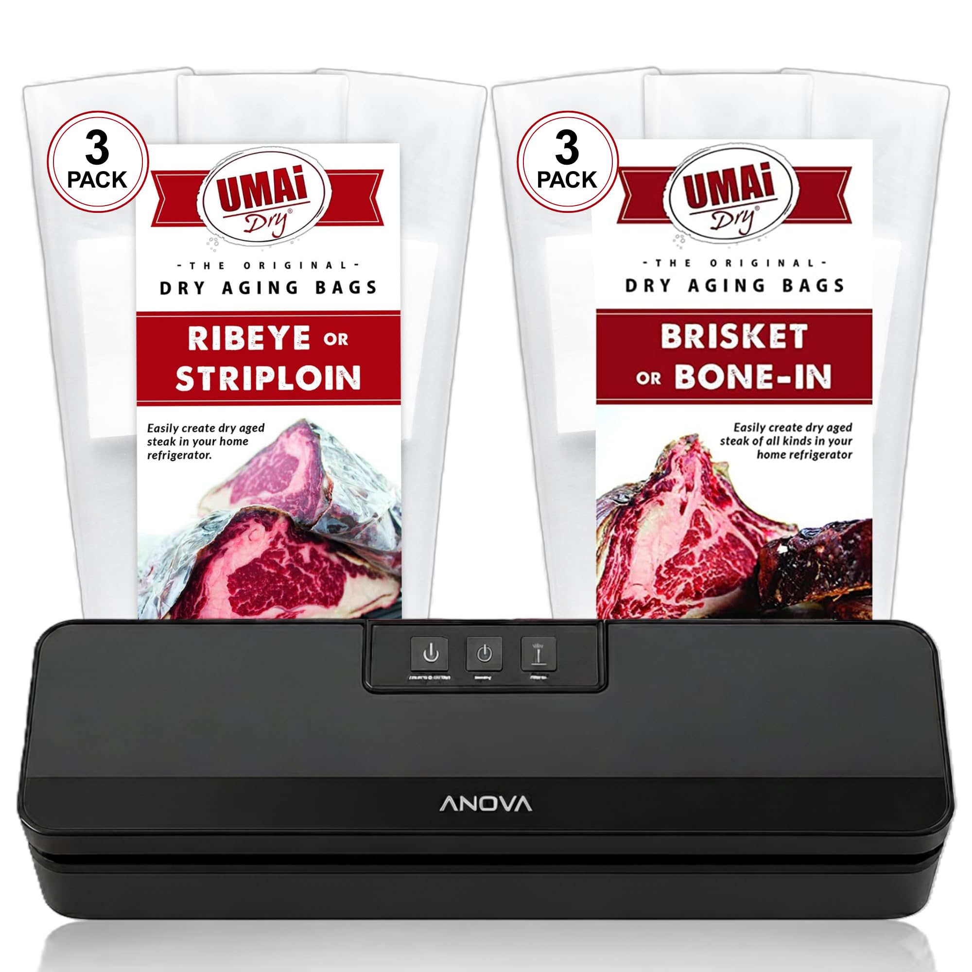 UMAi Dry Artisan Steak Starter Kit – Precision 120V Vacuum Sealer, Pack of 3 Ribeye/Striploin and Pack of 3 Brisket/Bone-in Sampler Dry Age Bags for Meat – Home Dry Aging Kit for Steak Lovers
