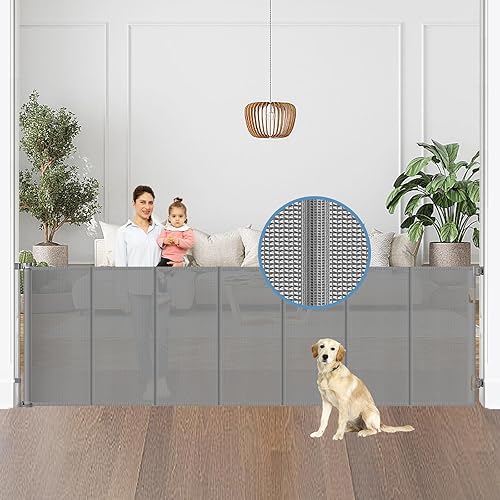 Miniatura 8 de Puerta retráctil reforzada para bebés de 75 pulgadas de ancho con barras de soporte, puertas retráctiles para perros extra largas mejoradas para