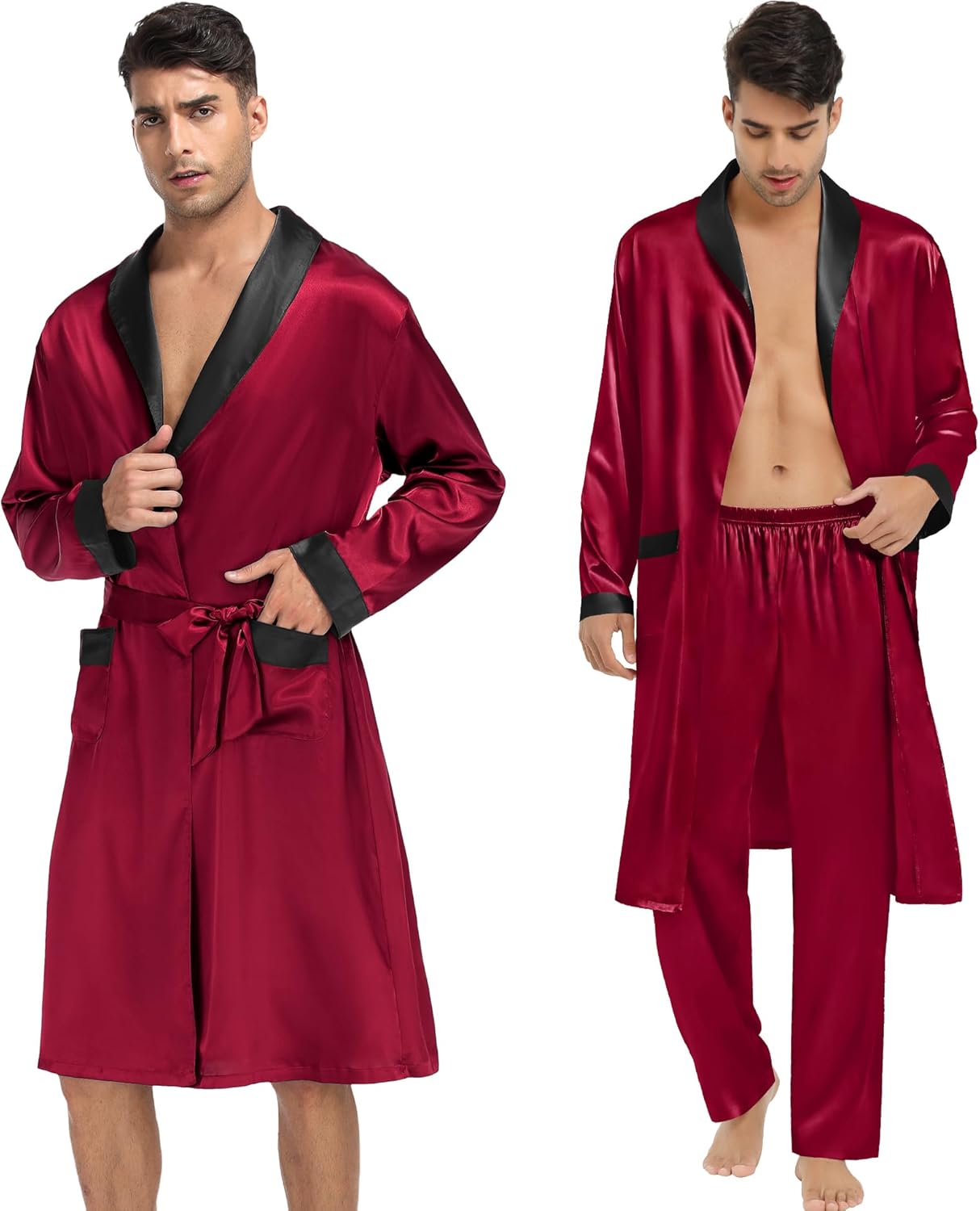 SWOMOG Men's 3 Pcs Robe Silk Satin Kimono Bathrobe with Shorts&Pants Set Lightweight Soft Sleepwear - Image 3