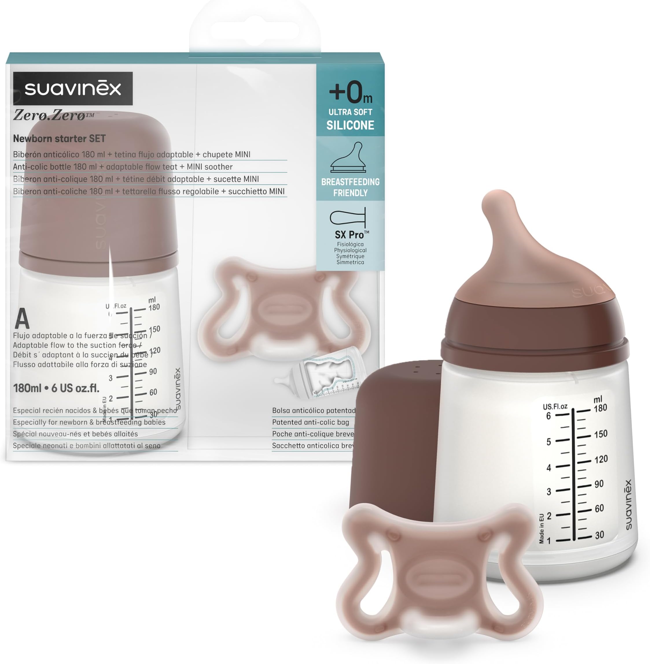 Suavinex, Anti Colic Bottle + Zero Zero Pacifier. 180ml Bottle with Adjustable Teat (A) and Newborn Pacifier, Size -2/2 Months. Suitable for Premature Babies, Supports Breastfeeding, Deep