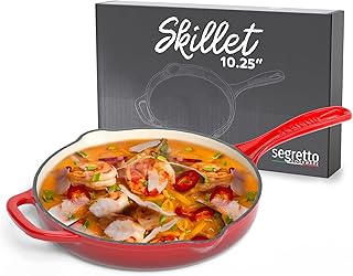Segretto Cookware Enameled Cast Iron Skillet, 10.25-IN Rosso (Gradient Red) Enamel Skillet Pan, No Seasoning Required and Cast Iron Frying Pan