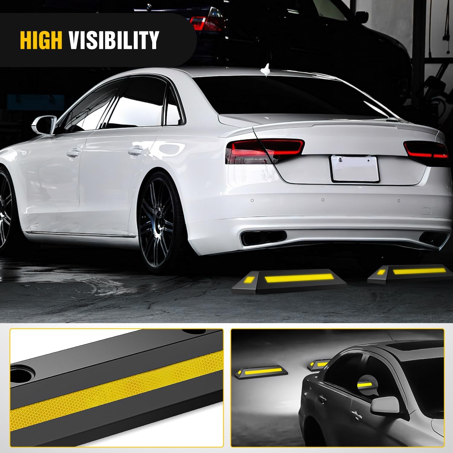 Nilight Parking Curbs in a garage setting, highlighting high visibility reflective strips