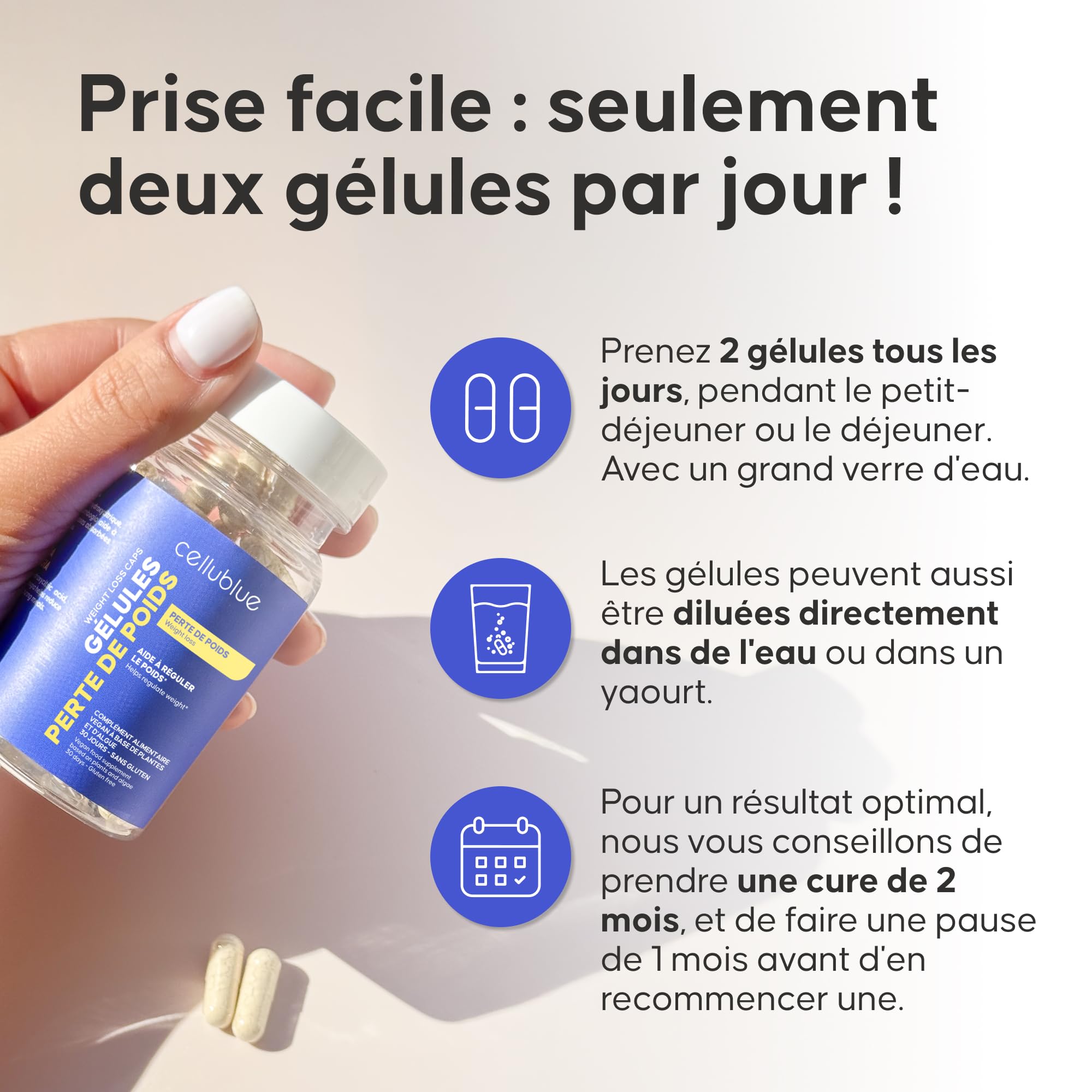 Gélules Perte de poids Cellublue - Minceur Femme - Perte de Poids Efficace, Brûleur de Graisses Ventre Plat, Réduit l’Appétit - Contrôle du poids durable - 60 Capsules Vegan - Naturel (Lot de 2)