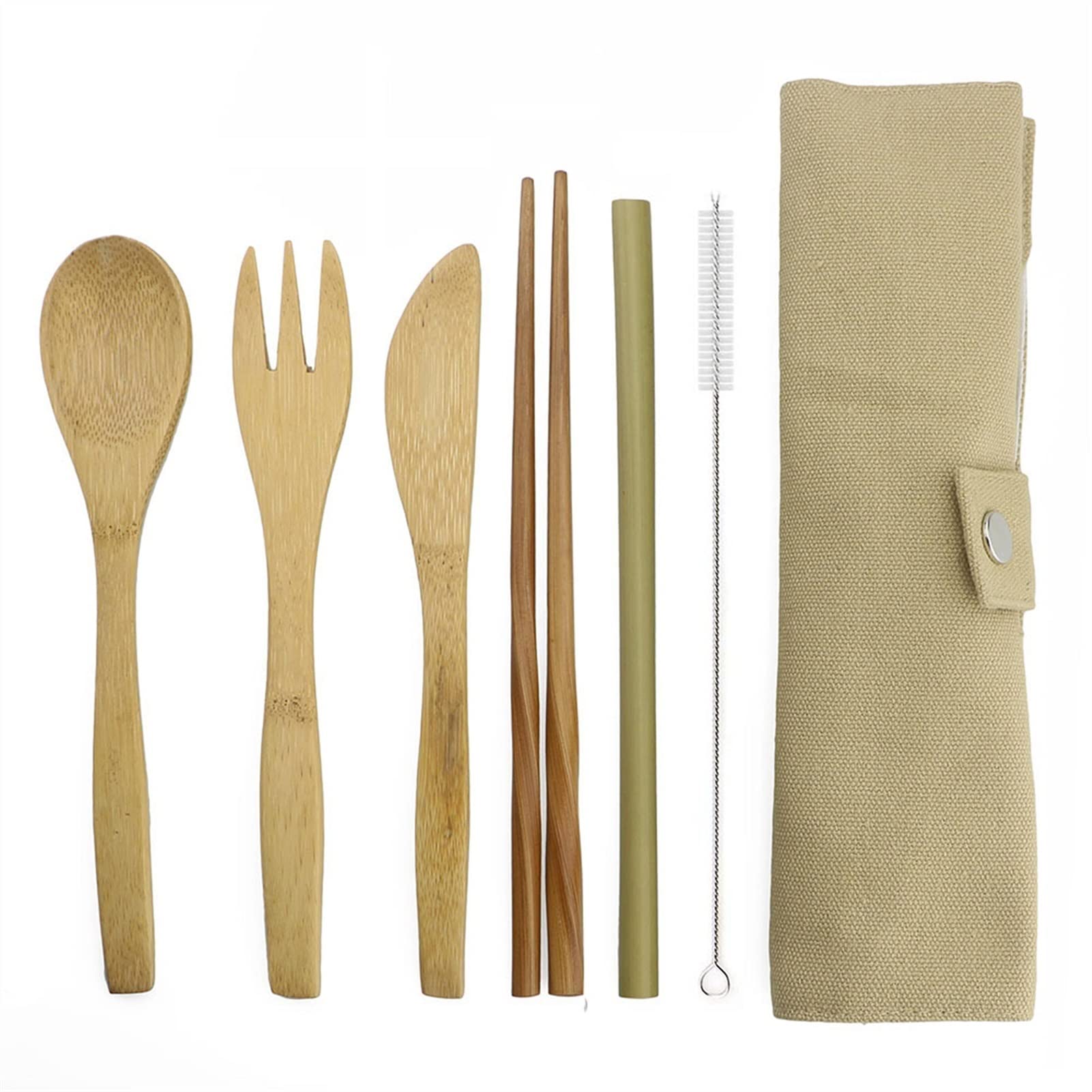 Ensemble de Couverts en Bois de fête 7 pièces avec Couteau, Fourchette, cuillère, Sac en Tissu de Paille de Bambou pour hôtel, Bar, Maison, fête exceptionnelle
