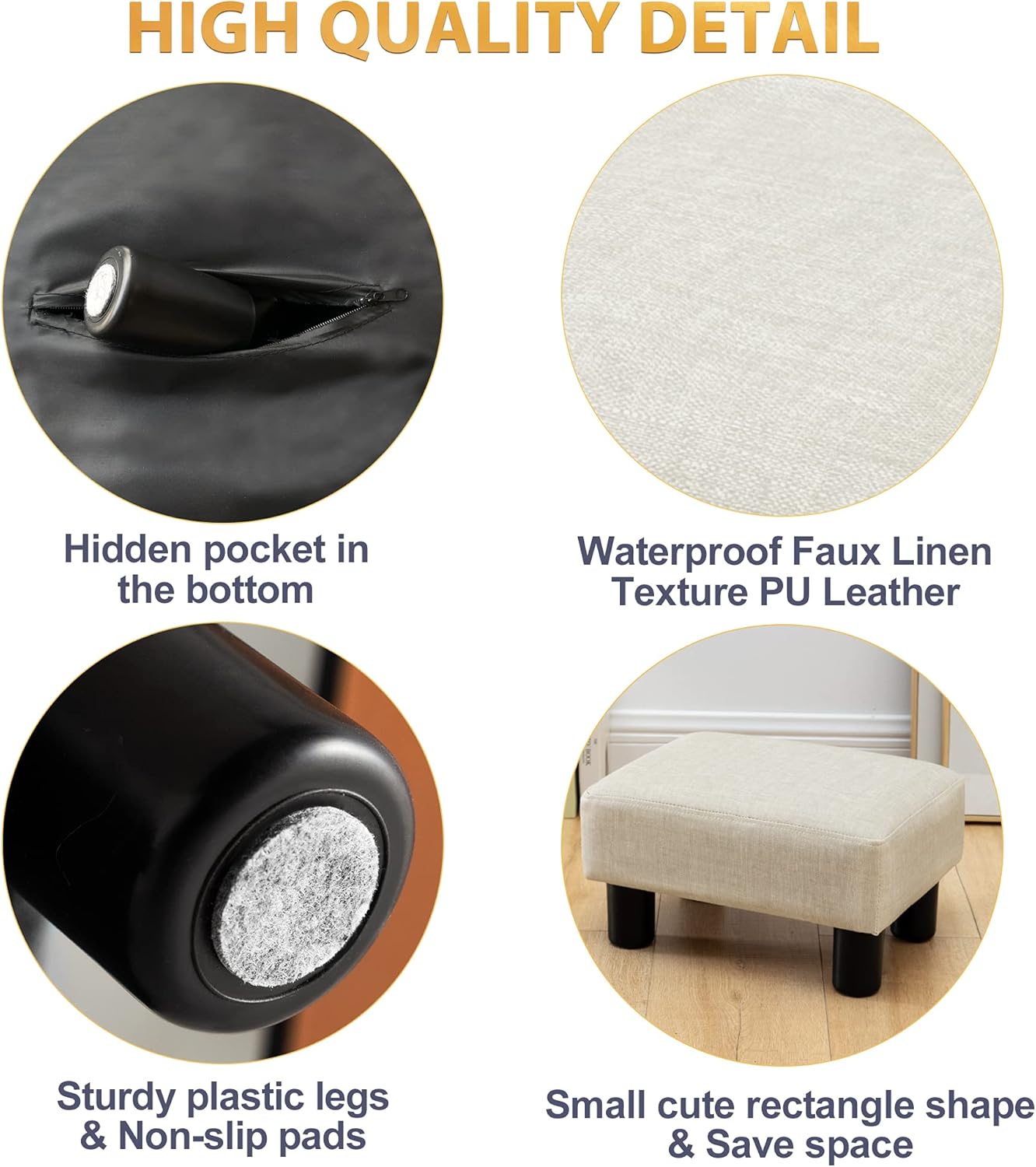 LUE BONA Small Rectangle Foot Stool, PU Linen Fabric Footrest Ottoman with Non-Skid Plastic Legs, Modern Rectangle Footrest Small Step Stool Ottoman for Couch, Desk, Office, Living Room, Beige