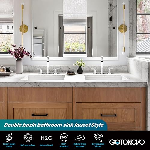 Miniatura 3 de gotonovo Grifo de lavabo de lavabo de baño de 3 agujeros y 2 manijas con drenaje desplegable con válvulas mezcladoras frías y calientes de 8