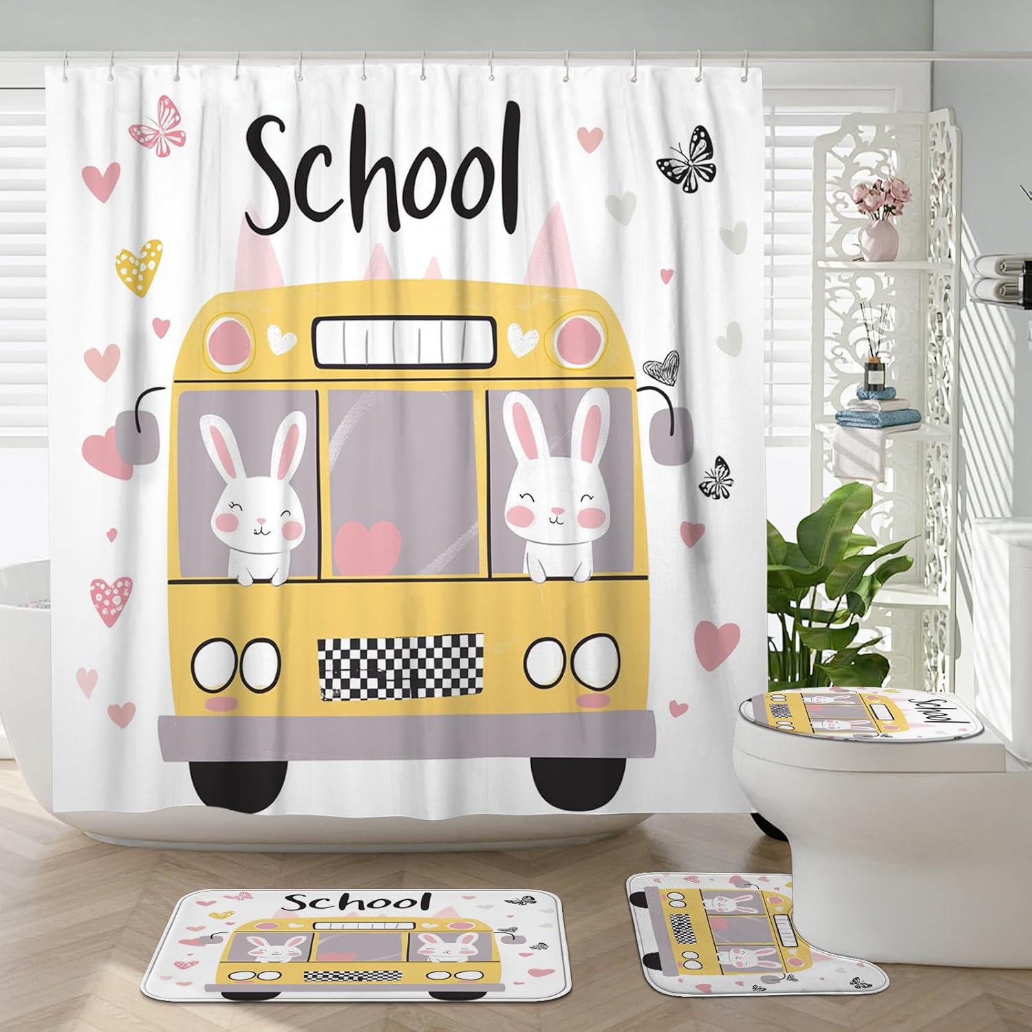 4PCS Cartoon Bunny Rabbits Bathroom Accessory Sets with Non-Slip Rug, U Shape and Toilet Lid Cover Mat, Kid School Bus Bathroom Fabric Decor-72''x72''