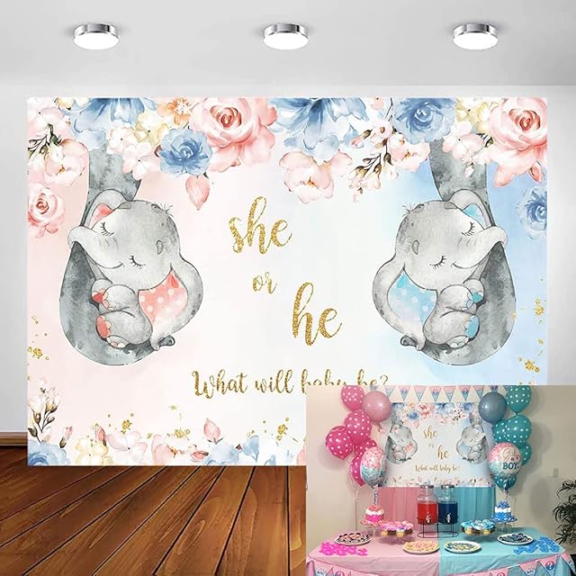 Avezano 7x5ft Pink or Blue Gender Reveal Party Backdrop Flowers Elephant Boy or Girl Unisex Baby Shower Party Photo Booth Background Pregnancy Announcement Banner for Dessert Table Supplies