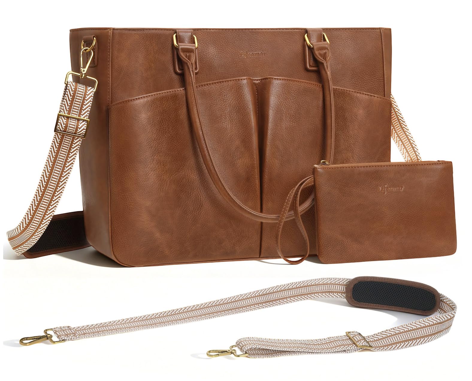 Laptop Tote Bag for Women, Leather Work Tote with Padded Laptop Compartment, Cup Holder, Office Computer Briefcase