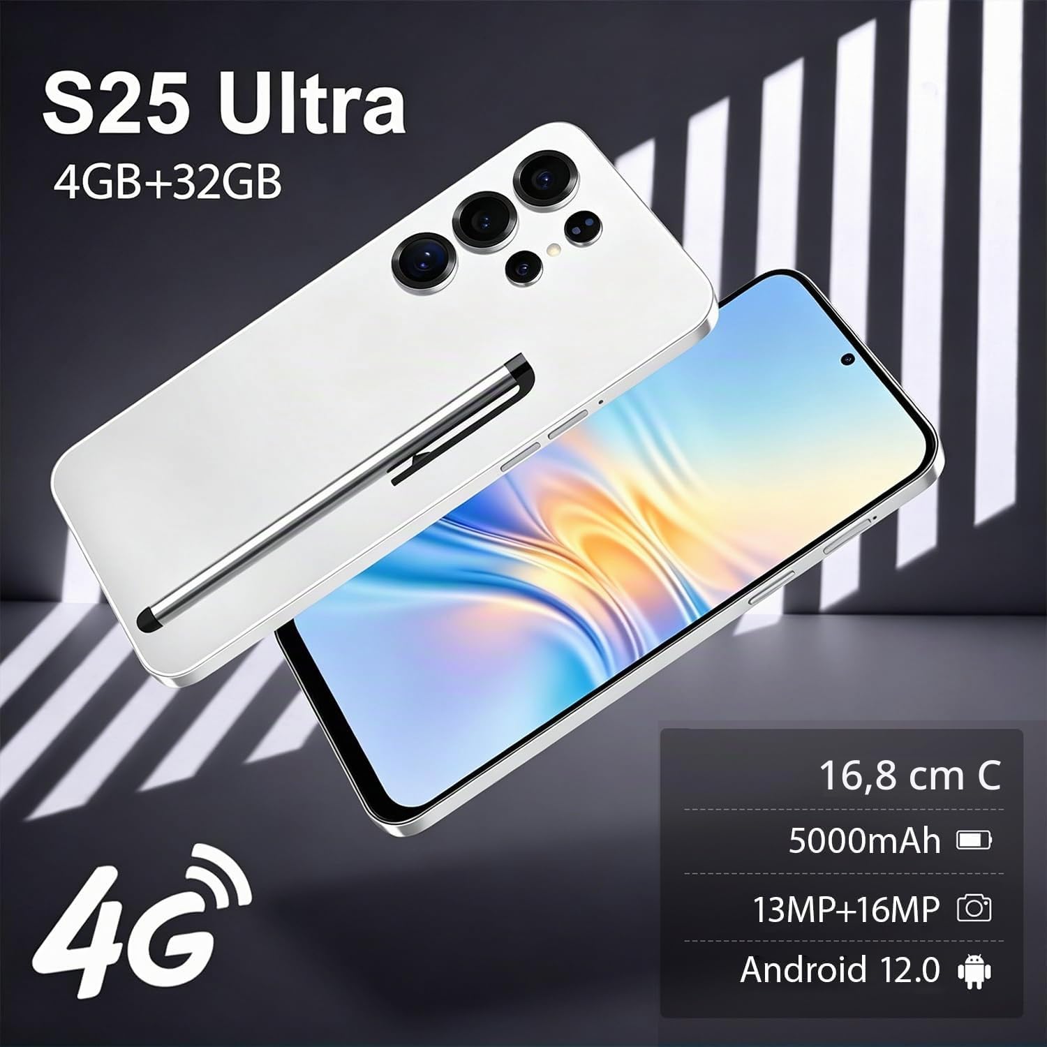 S25Ultra-Black 4G Smartphone Desbloqueado Android 12.0 6.6'' HD+ 4GB 32GB ROM 256GB SD Dual SIM Cámara Dual ID Cara WiFi GPS OTG