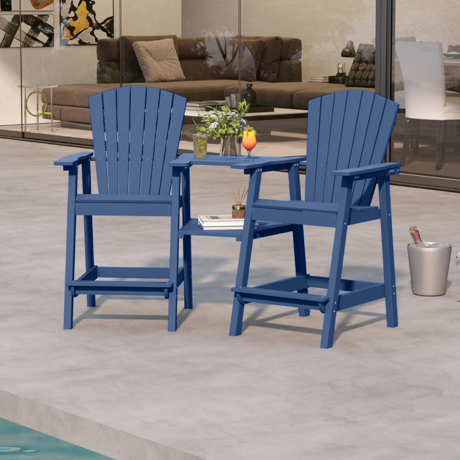 Navy Blue HDPE Tall Adirondack Chair Set of 2 with Beige 11FT Cantilever Umbrella, All-Weather Outdoor Bar Height Chairs with Trays & Umbrella Hole for Balcony