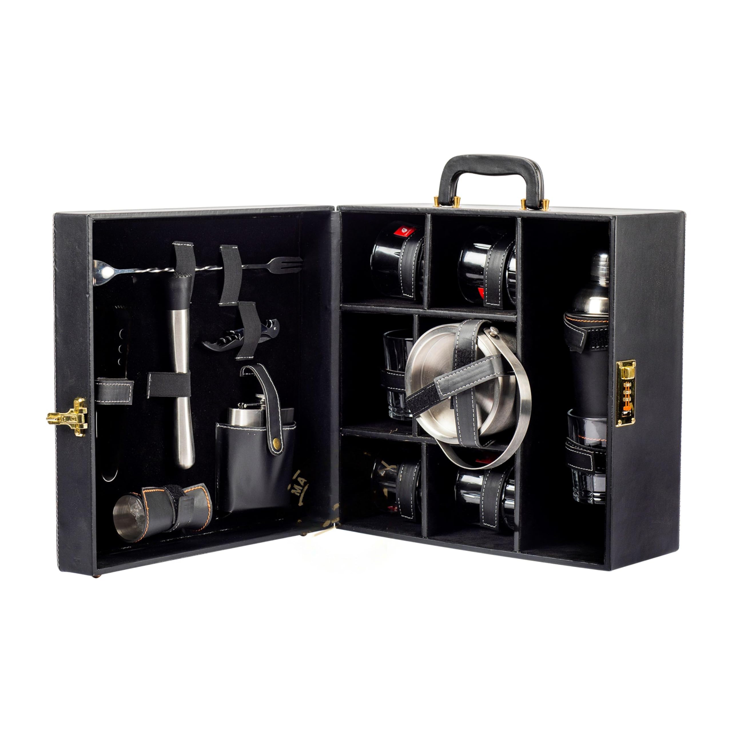 Abrazo Portable Barset, Bartender kit, Bar Tool Set for Gifting,14 pcs bar Accessories, Black, Gift, Bar Accessories, Coctail Shaker