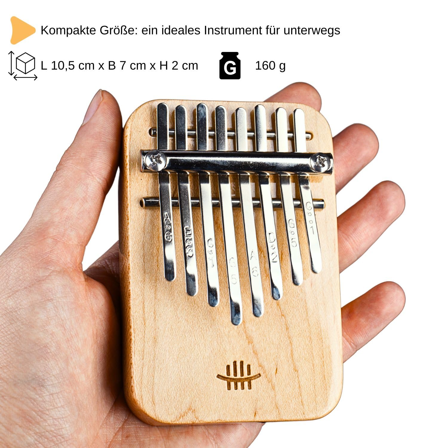Mini Kalimba - 8 Tasten | Ahorn-Massivholz in C-Dur | 60 Dezibel Lautstärke! Für Einsteiger und Kinder ideales Instrument