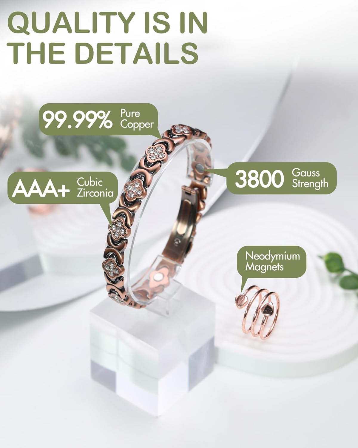 Feraco Pure Copper Bracelets & Rings for Women, Ultra Strength Magnetic Bracelet for Women with Neodymium Magnets & Sparkling Cubic Zirconia, Adjustable, Infinite Clover Jewelry - Image 3