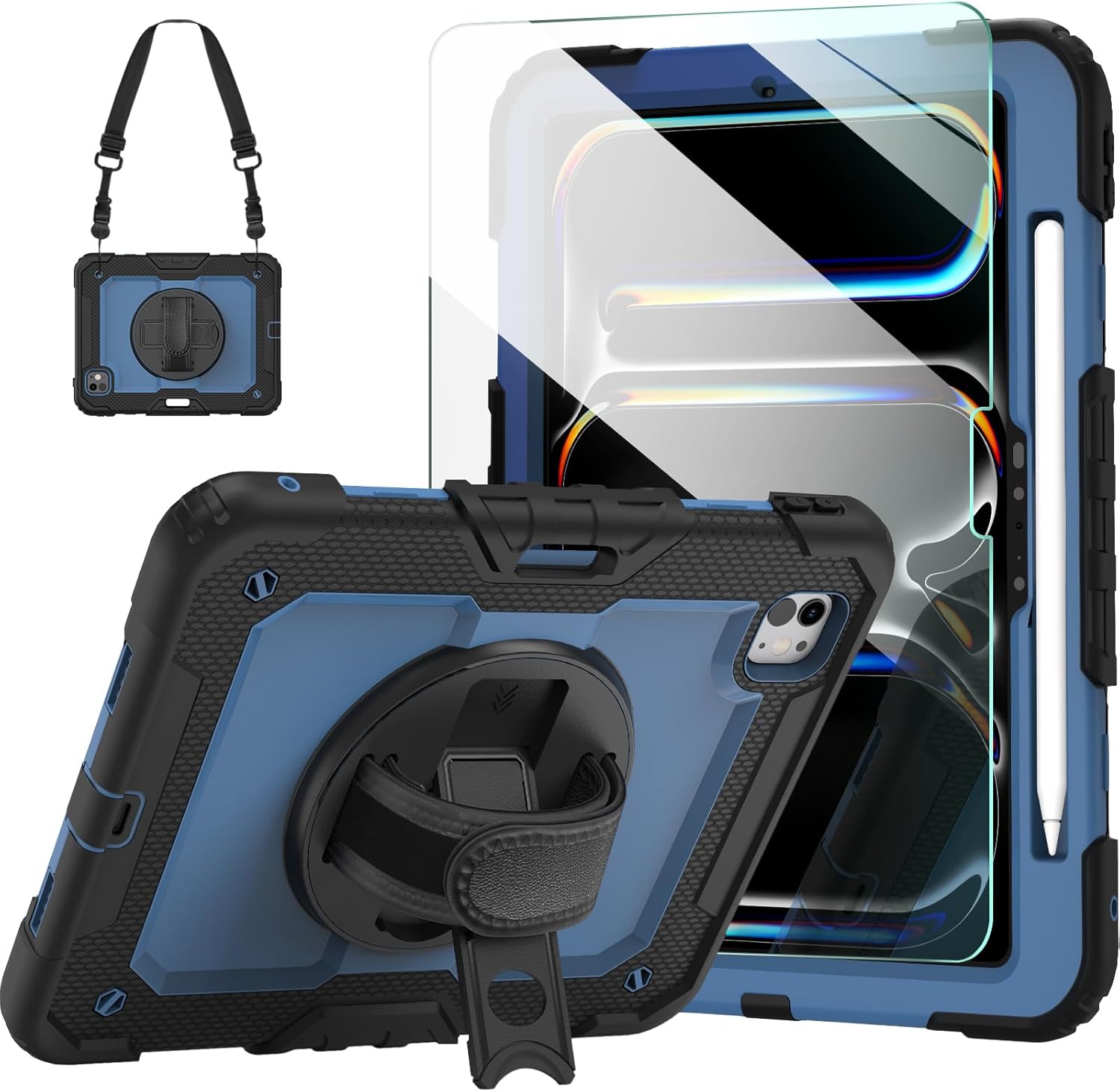 Ambison for iPad Pro 11 Inch Case 2024(M4, 5th Generation),with 9H Tempered Glass Screen Protector,Full-Body Heavy Duty Shockproof Protective Cover with 360° Rotate Strap Stand,Pencil Holder-Blue iPad Pro11 Inch 2024 Blue&Black