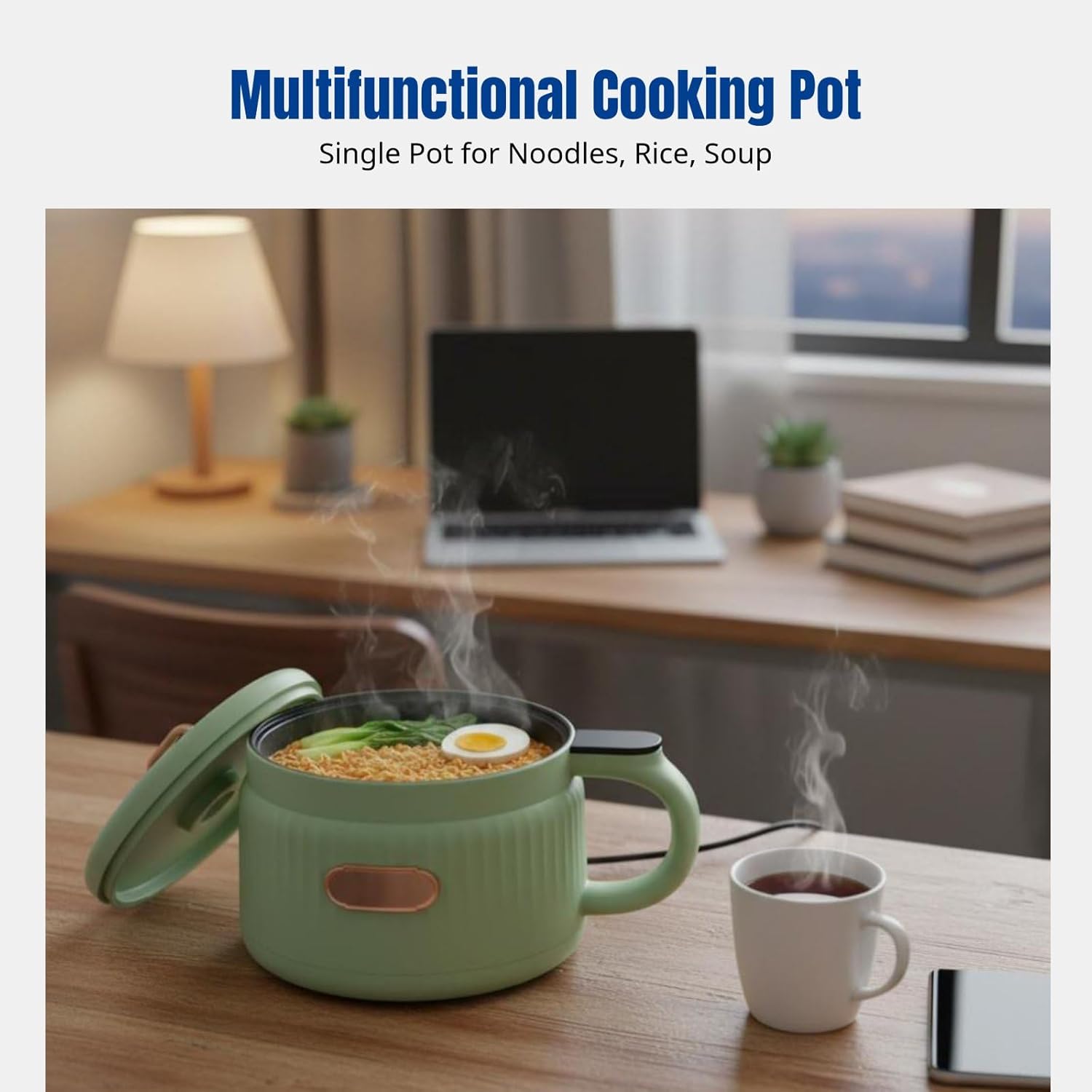 Small Rice Cooker 1.6L Noodle Cooker Keep Warm Portable Electric Pot Nonstick for 1-2 People Camping Cooking Soup Oatmeal, Green