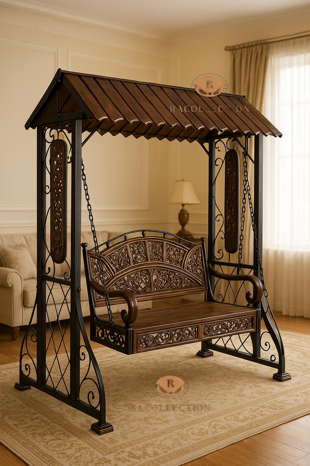 Solid Wood & Iron Swing with Canopy, Traditional Carved Design, Jhoola Indoor Indian Swing for Adults Hammock Jhula, Cradle for Living Room Home Garden, Balcony (Design 1) (Design 4)-image-41