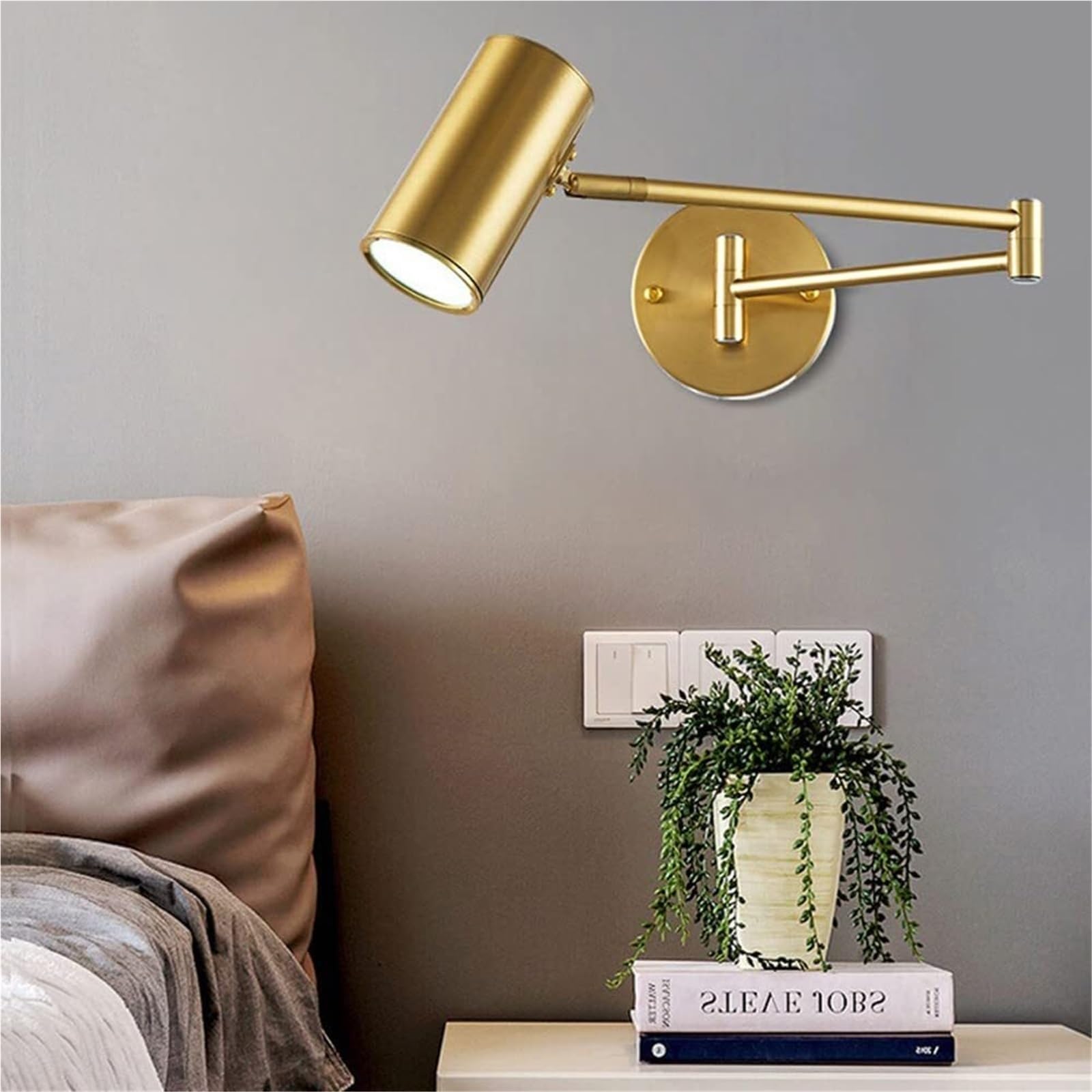 Lampy Ścienna Nowoczesna z Ramieniem LED, Kinkiet Regulowany Oświetlenie Ścienne Czytania Cylindryczne do Sypialni Salon Biuro E26(Gold,3 modes)