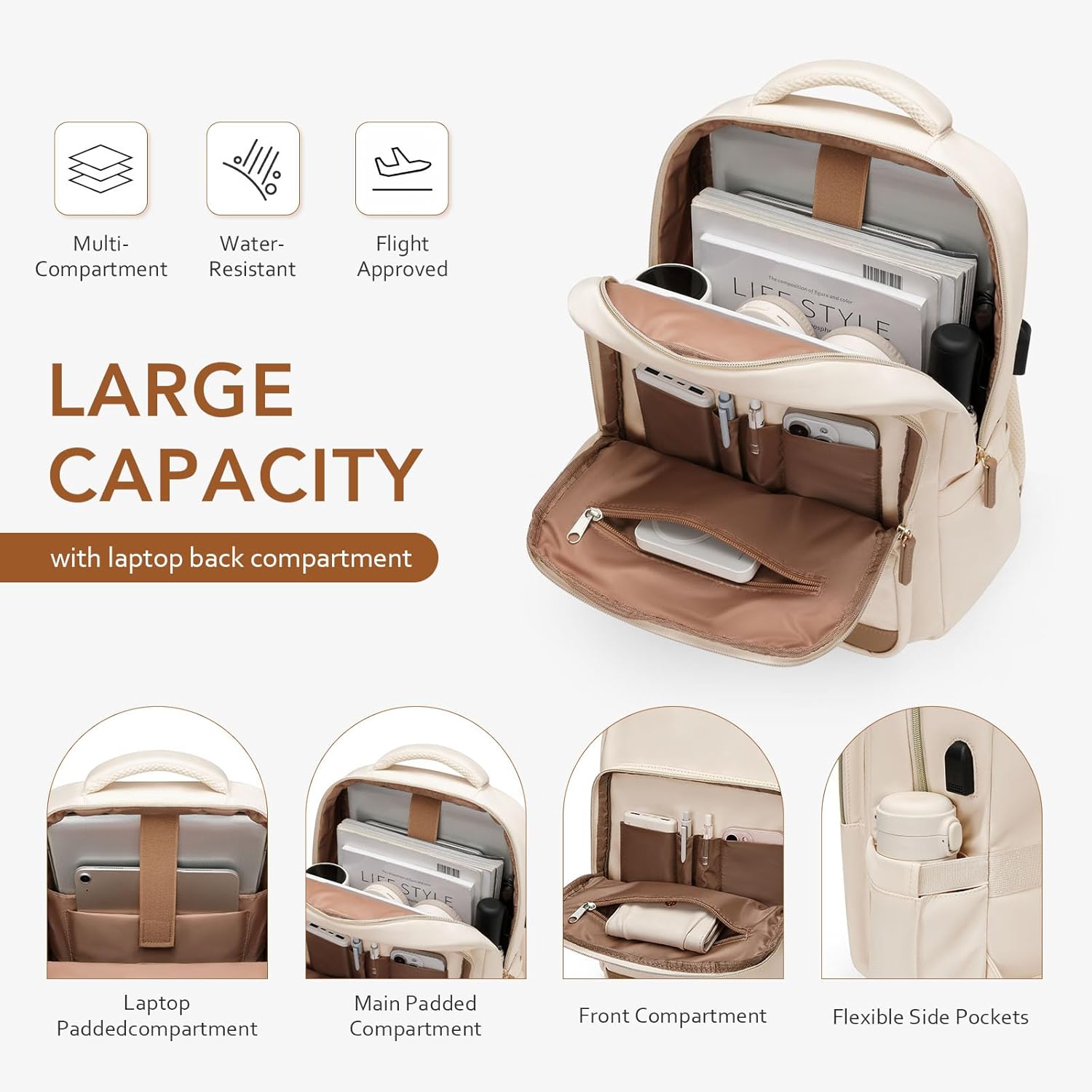 Laptop Backpack for Women,Travel Backpack with Laptop Compartment,Casual Daypack College Bookbag Computer Work Backpack,Beige