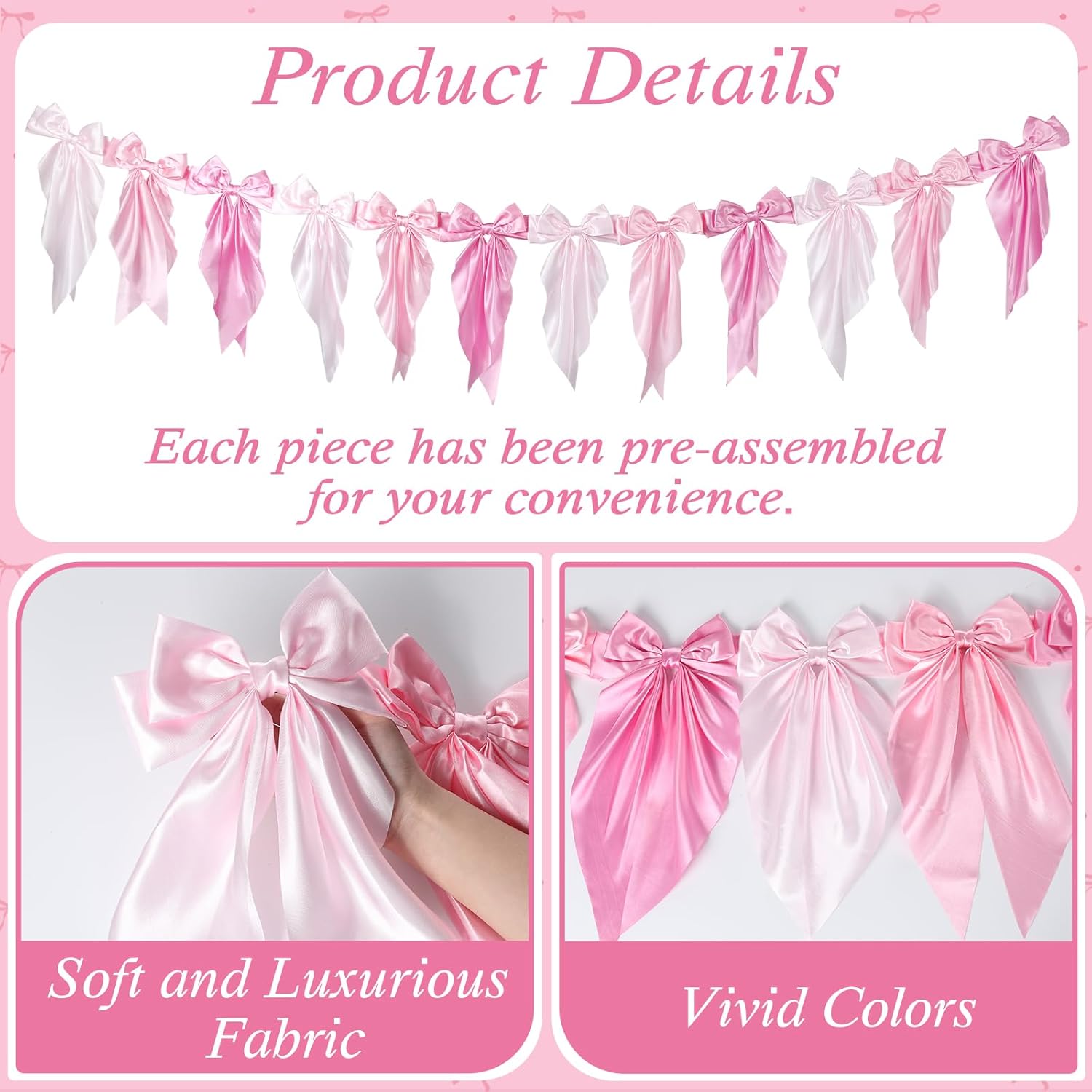 Pink Bow Garland Banner for Fireplace Mantel Decor Satin Ribbon Bow Knot Hanging Garland Banner for Bachelorette Bridal Shower Birthday Wedding Party Supplies Favors (3 Pink)