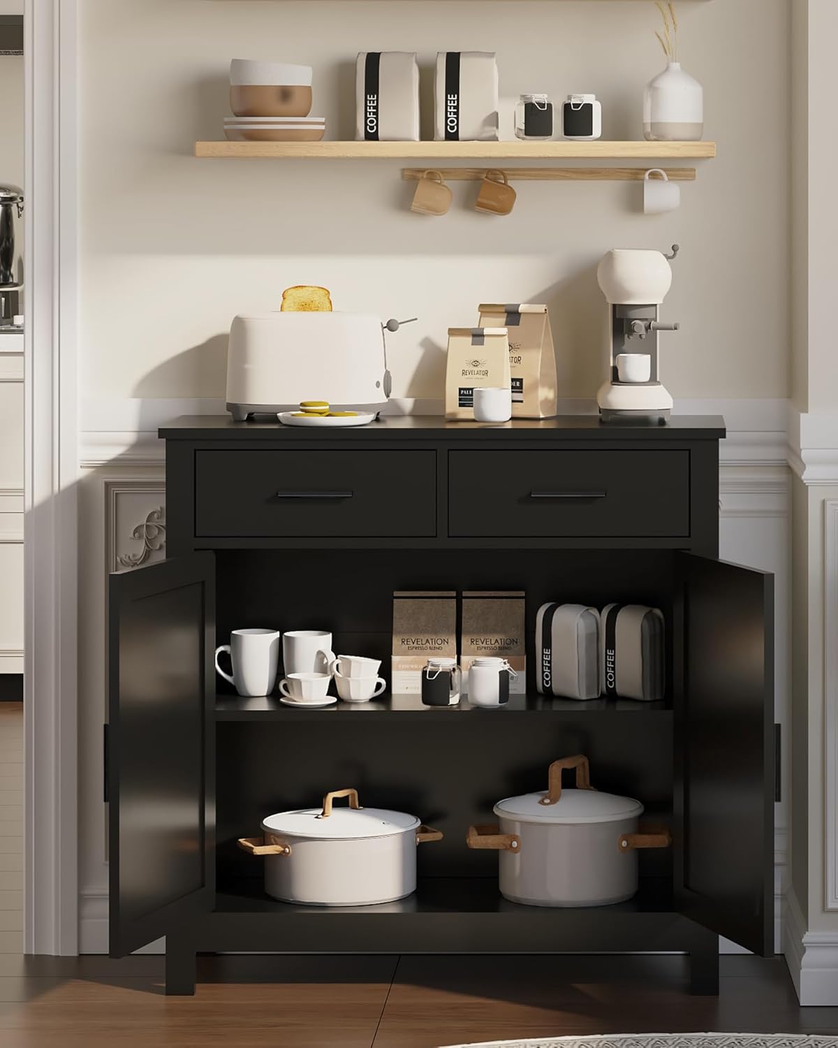 Coffee Bar Cabinet，Sideboard， Comes with Two Drawers and Two Doors, Featuring One Adjustable Shelf. It's Suitable for Bedrooms, Living Rooms, Bathrooms, or Entryways (Black)