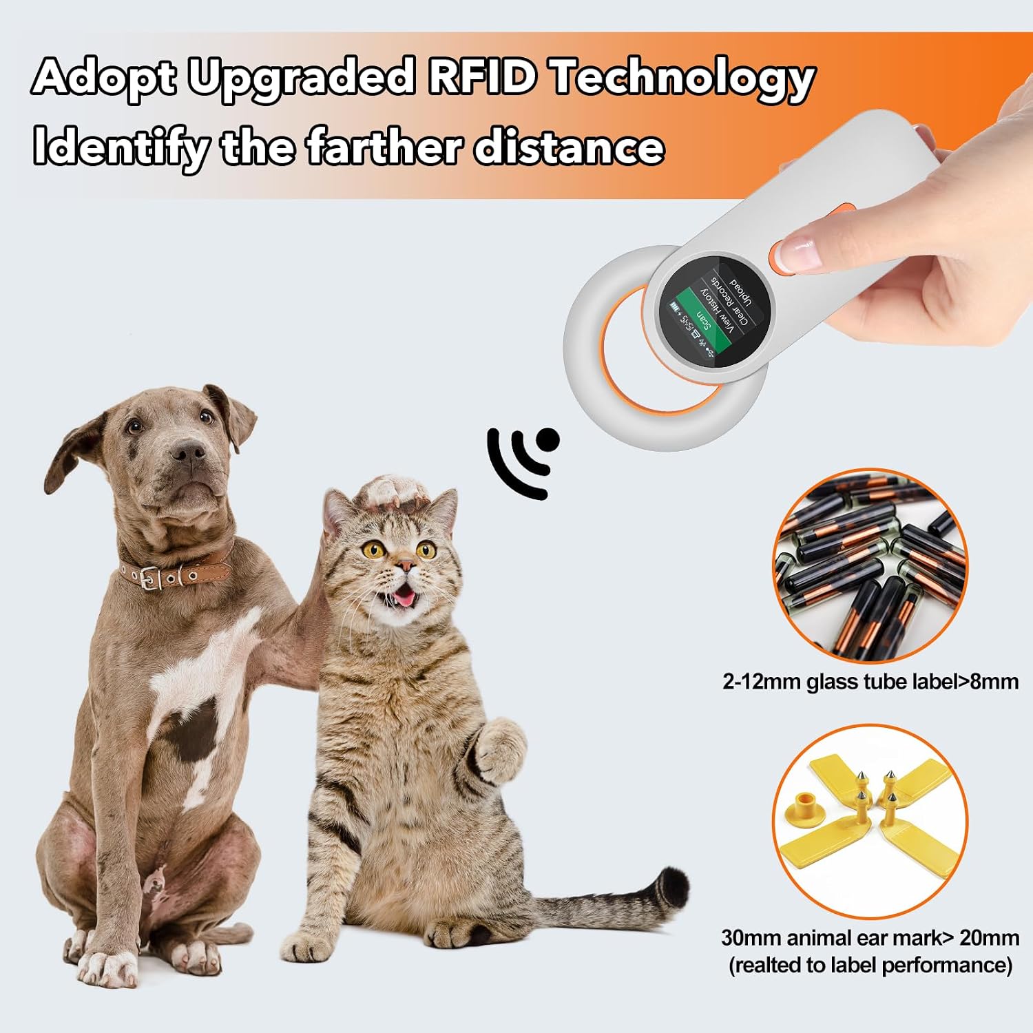 Pet Microchip Scanner Rechargeable RFID EMID Micro Chip Reader Scanner (2.4GHz Wireless+Bluetooth+USB) All in one 1.44” TFT Screen Display ISO11784 / ISO11785 / FDX-B and EMID for Animal/Pet/Dog/Cat