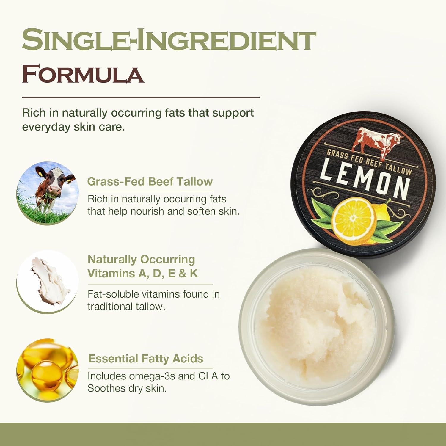 Handmade Grass-Fed Beef Tallow Balm - Pasture-Raised Beef Tallow Lotion for Face & Body - Hydrating Hand Balm w/ Omega-3s, Vitamins A, D, E - All Natural Lotion for All Skin Types (2 Oz, Lemon)