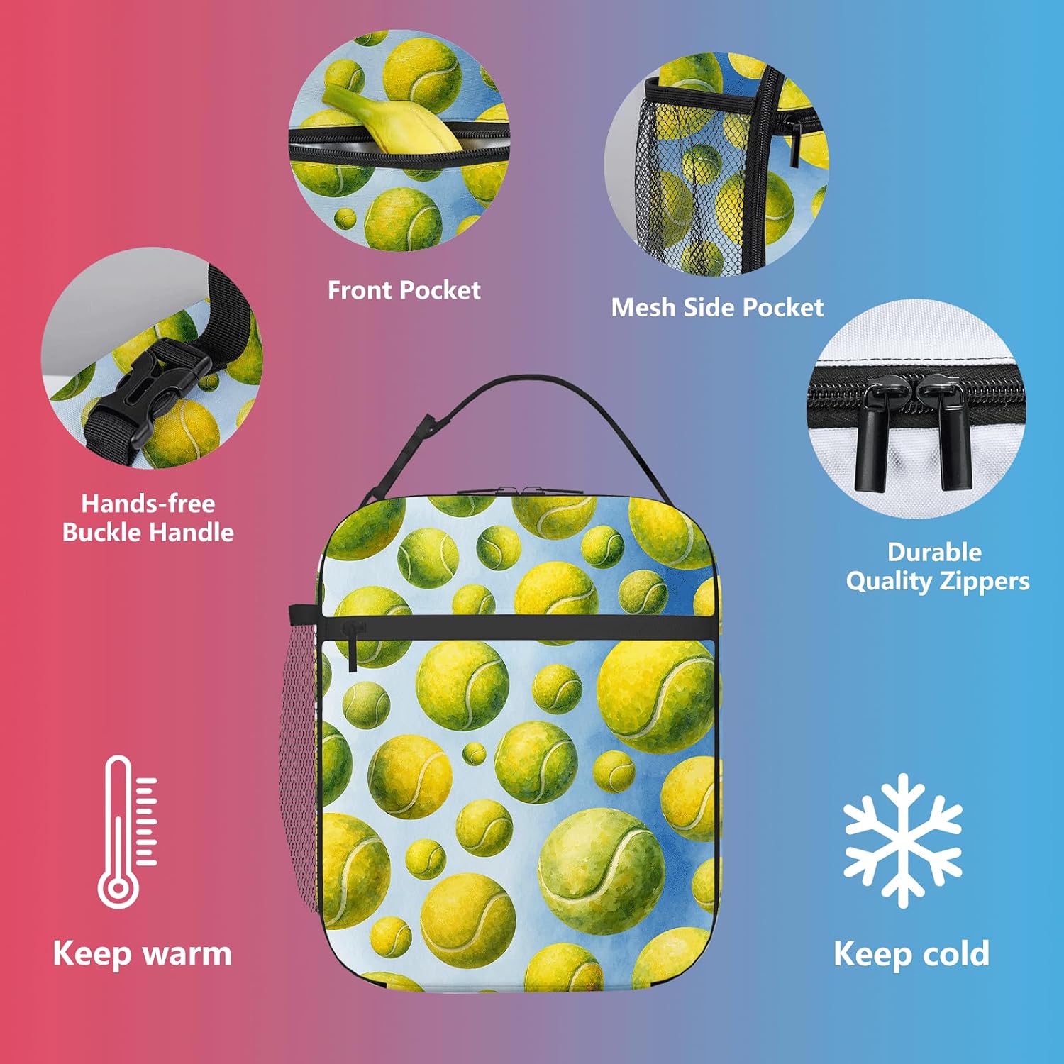 Watercolor Tennis Balls Insulated Lunch Bag / Lunch Box, 10x8x4 in Cooler Tote with Front Zip Pocket, Mesh Bottle Pocket, Buckle Handle, Wipe-Clean PEVA Liner, Oxford Exterior for School & Work